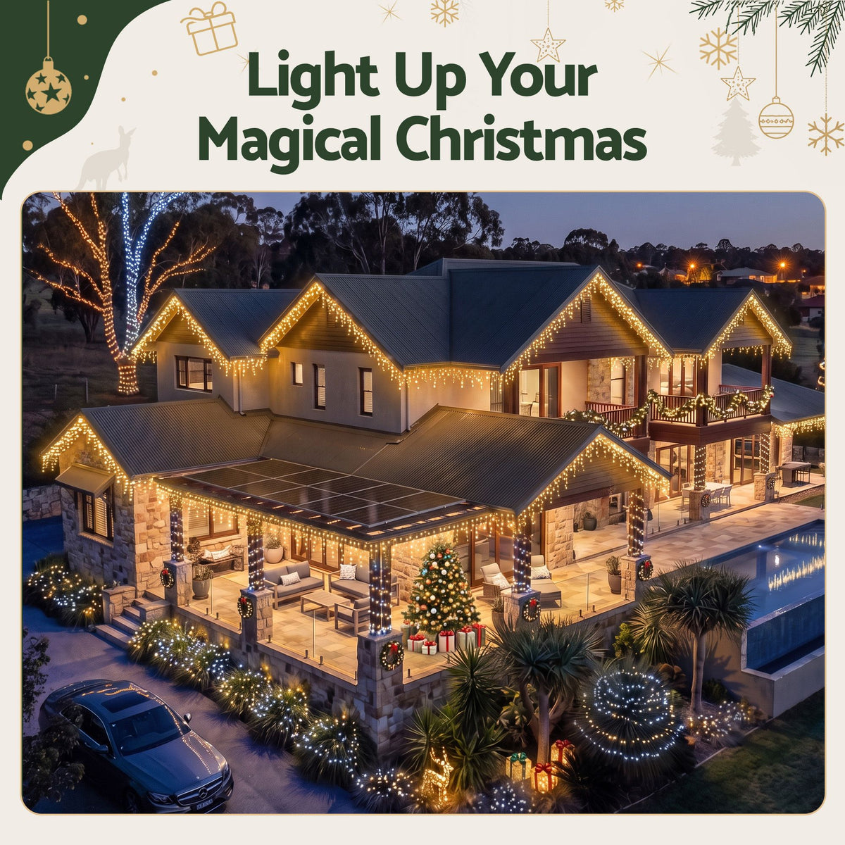 32M Christmas Icicle String Lights 960 LED Warm White 8 Modes Solar Powered