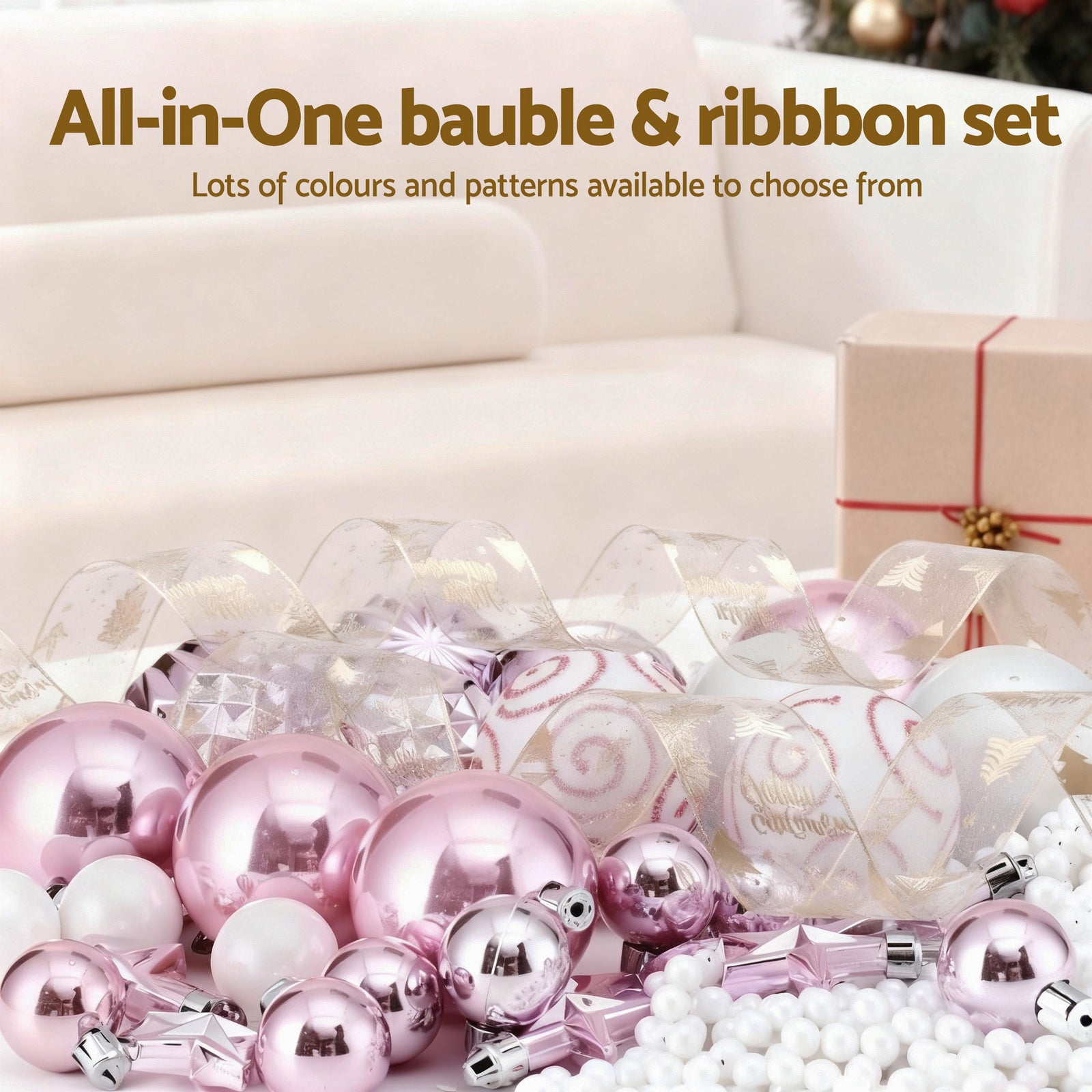 Christmas Tree Decoration Set Ribbon Baubles Ornaments Party 34pcs