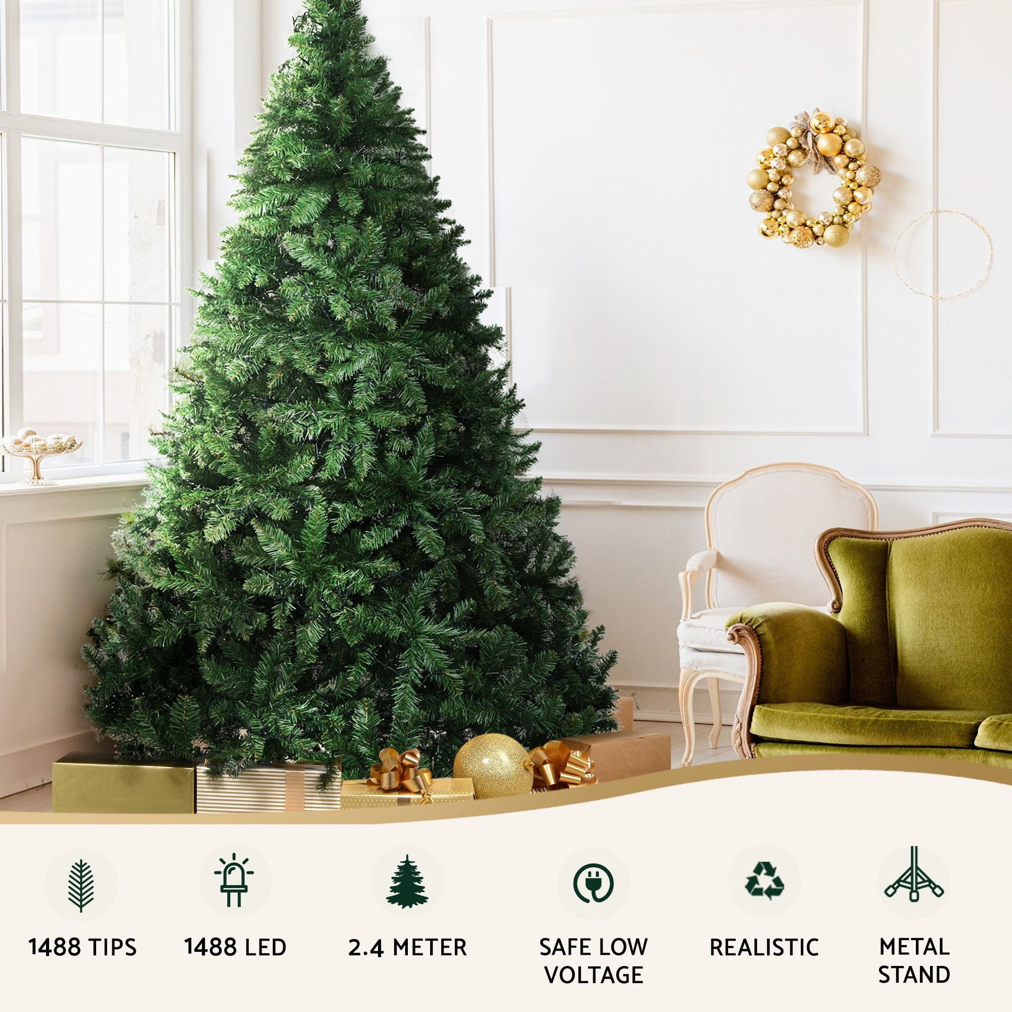 Jingle Jollys 2.4m Pre-Lit Christmas Tree 1488 LED, 8 Light Modes & Storage Bag