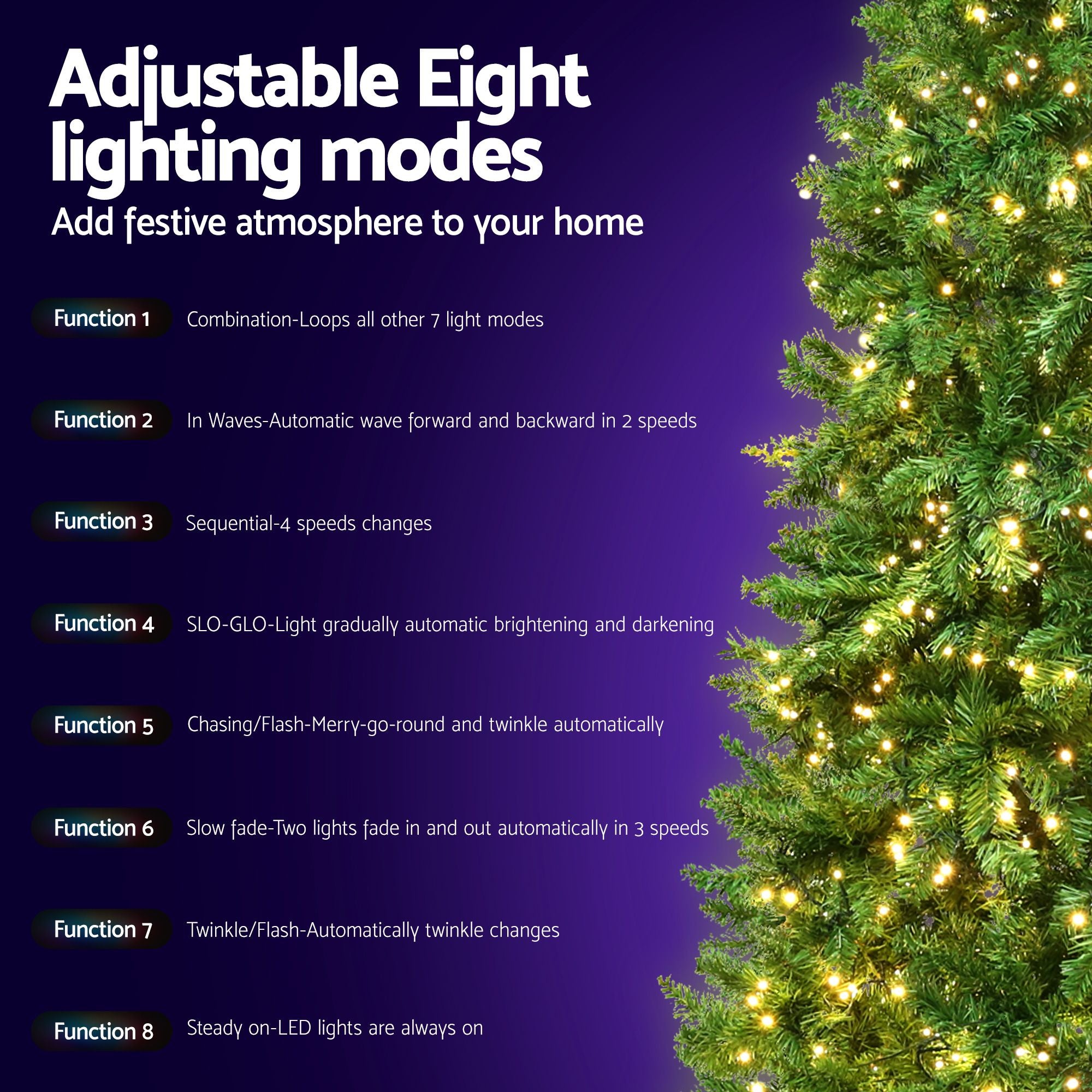 Jingle Jollys 2.4m Pre-Lit Christmas Tree 1488 LED, 8 Light Modes & Storage Bag