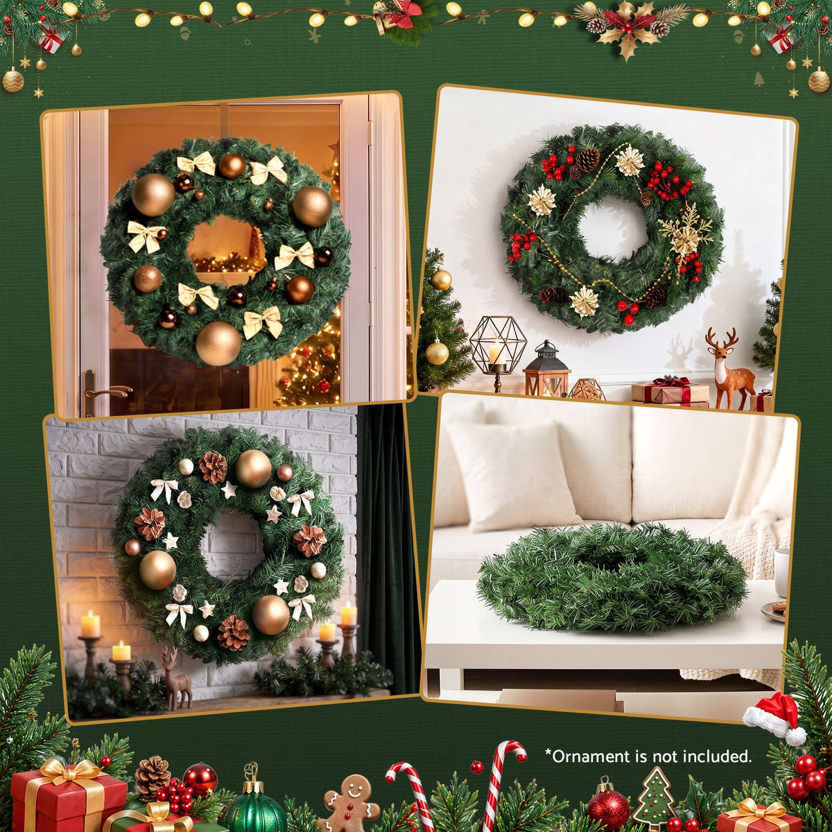 Christmas Wreath 60cm Artificial Green Garland Door Decoration 420 Tips Xmas Bush