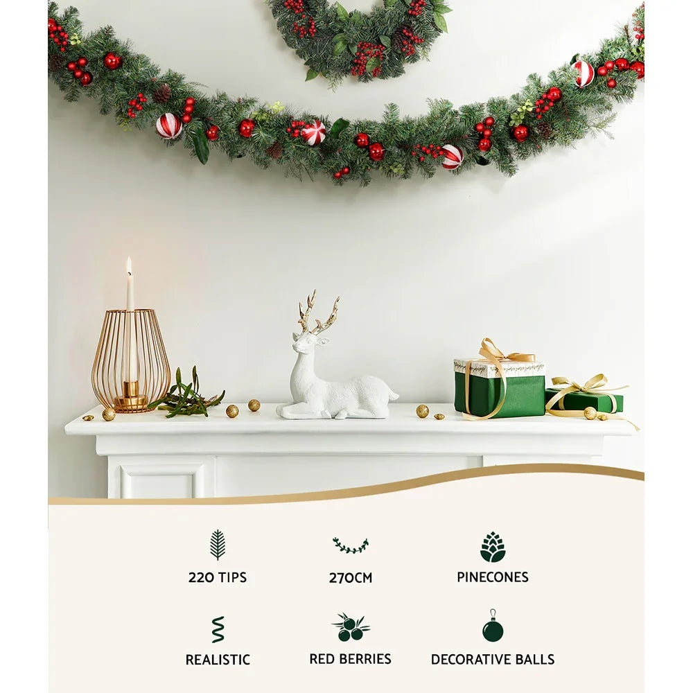 2.7m Christmas Garland with Berries Pinecones Baubles Xmas Party Decor