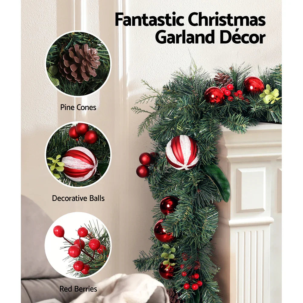 2.7m Christmas Garland with Berries Pinecones Baubles Xmas Party Decor