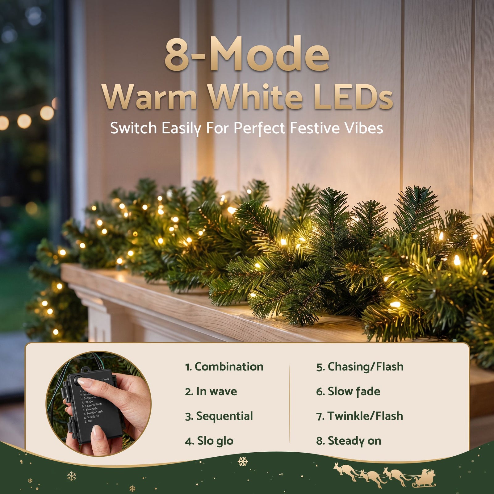 Jingle Jollys 2.7M Christmas Garland 8 Mode LED Lights Timing 200Tips Xmas Decor