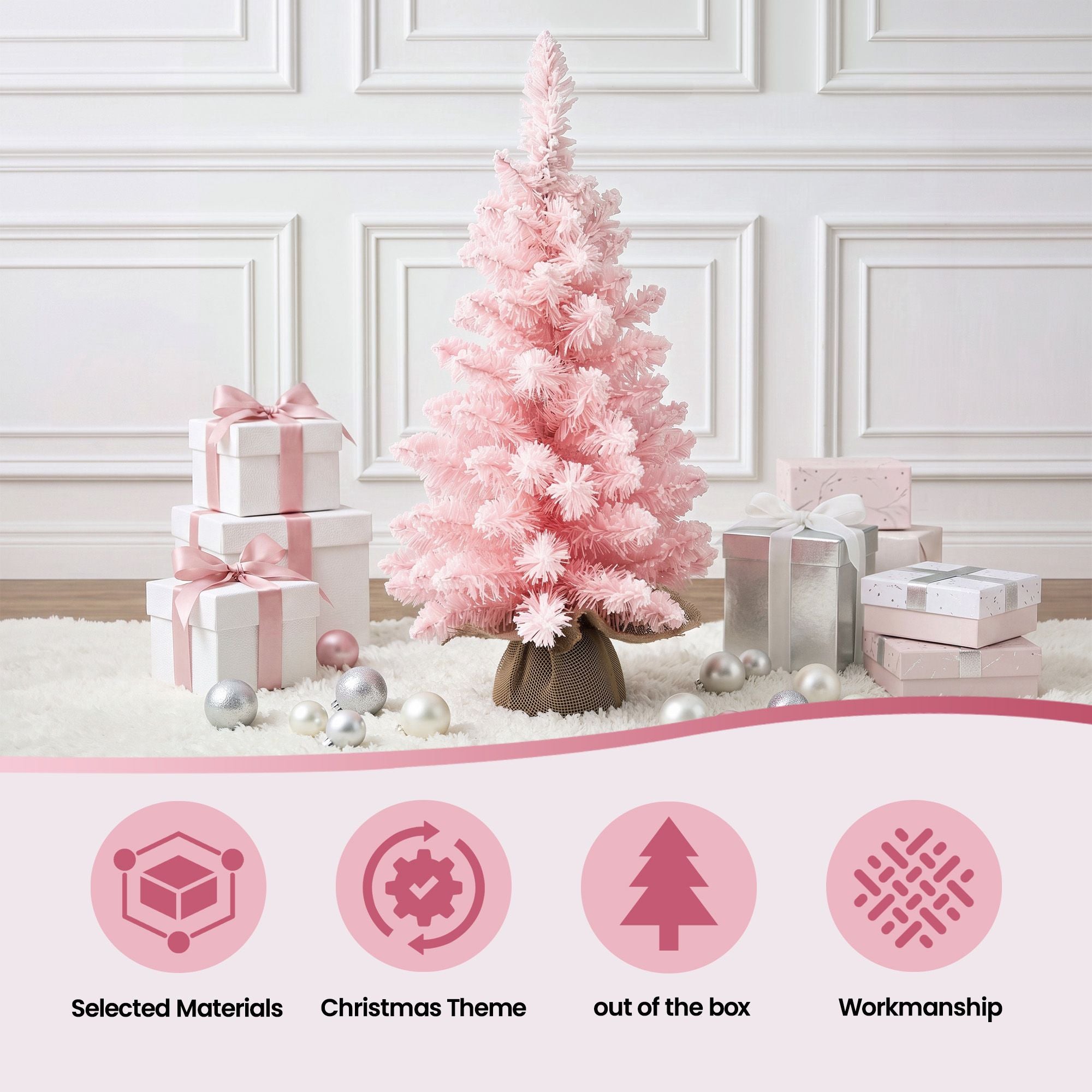 60cm Flocked Pink Christmas Tree Mini Tabletop Xmas Tree