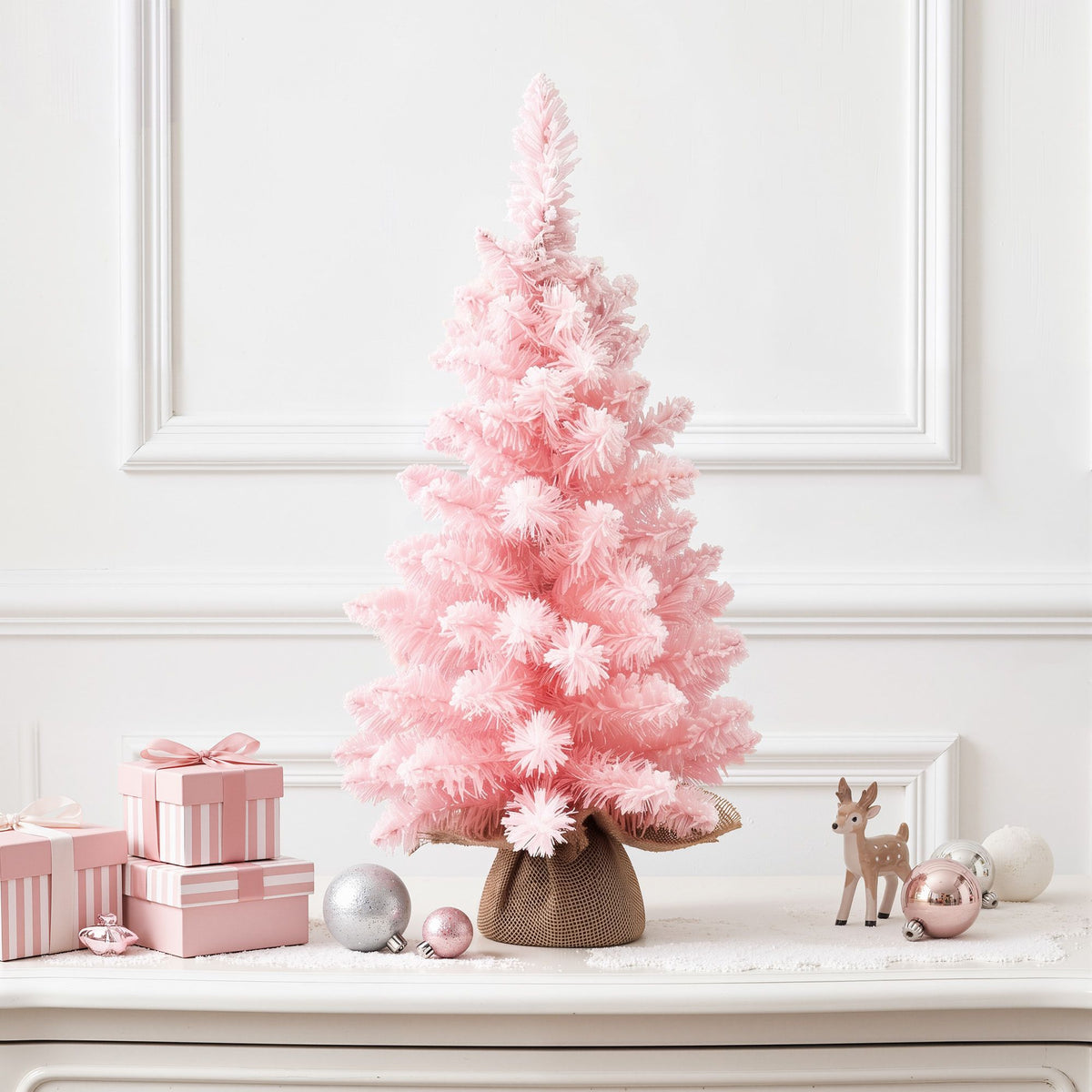 60cm Flocked Pink Tabletop Christmas Tree, Pre-Assembled
