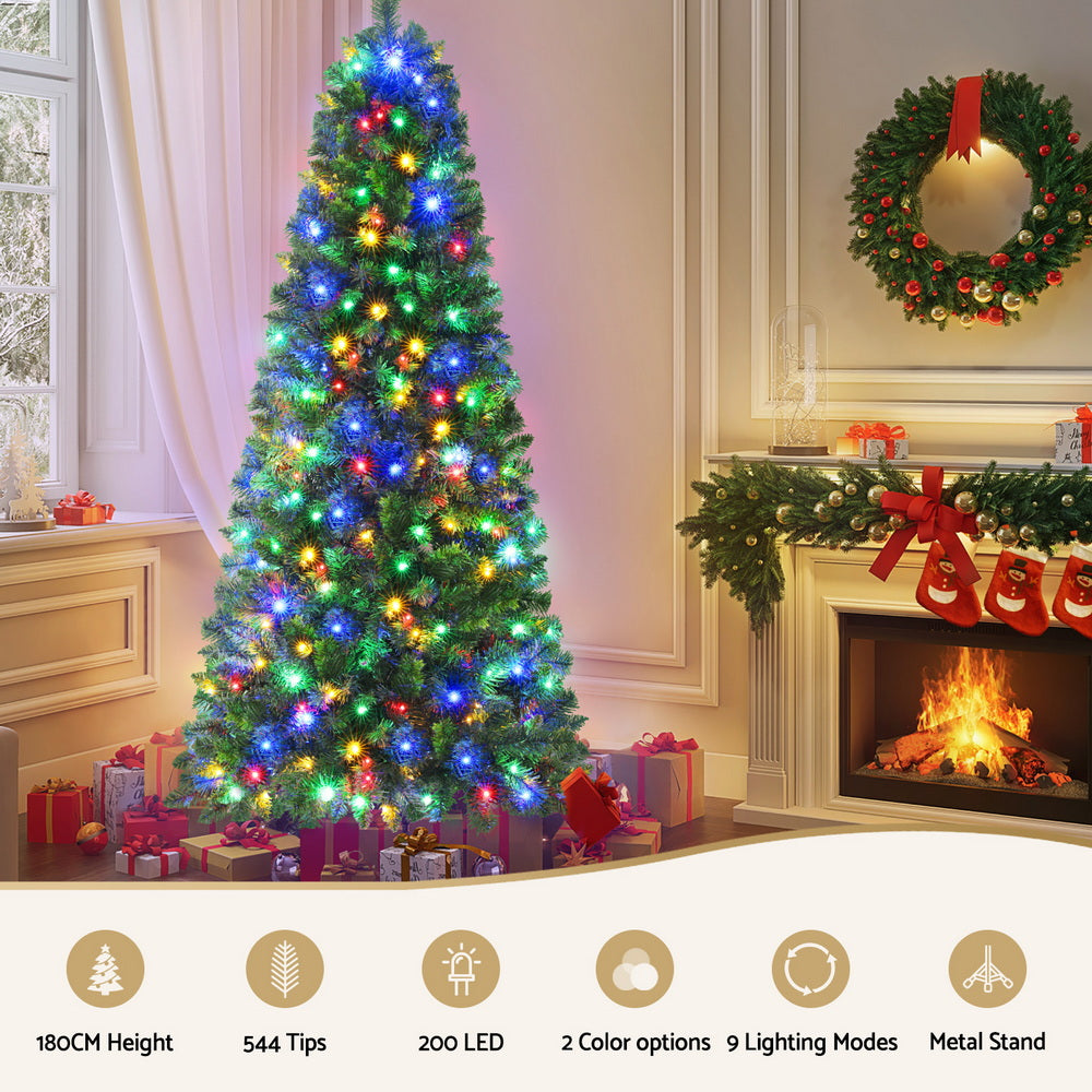 Jingle Jollys 1.8m Pre-Lit Christmas Tree 200 Multi Colour LED 8 Modes Remote