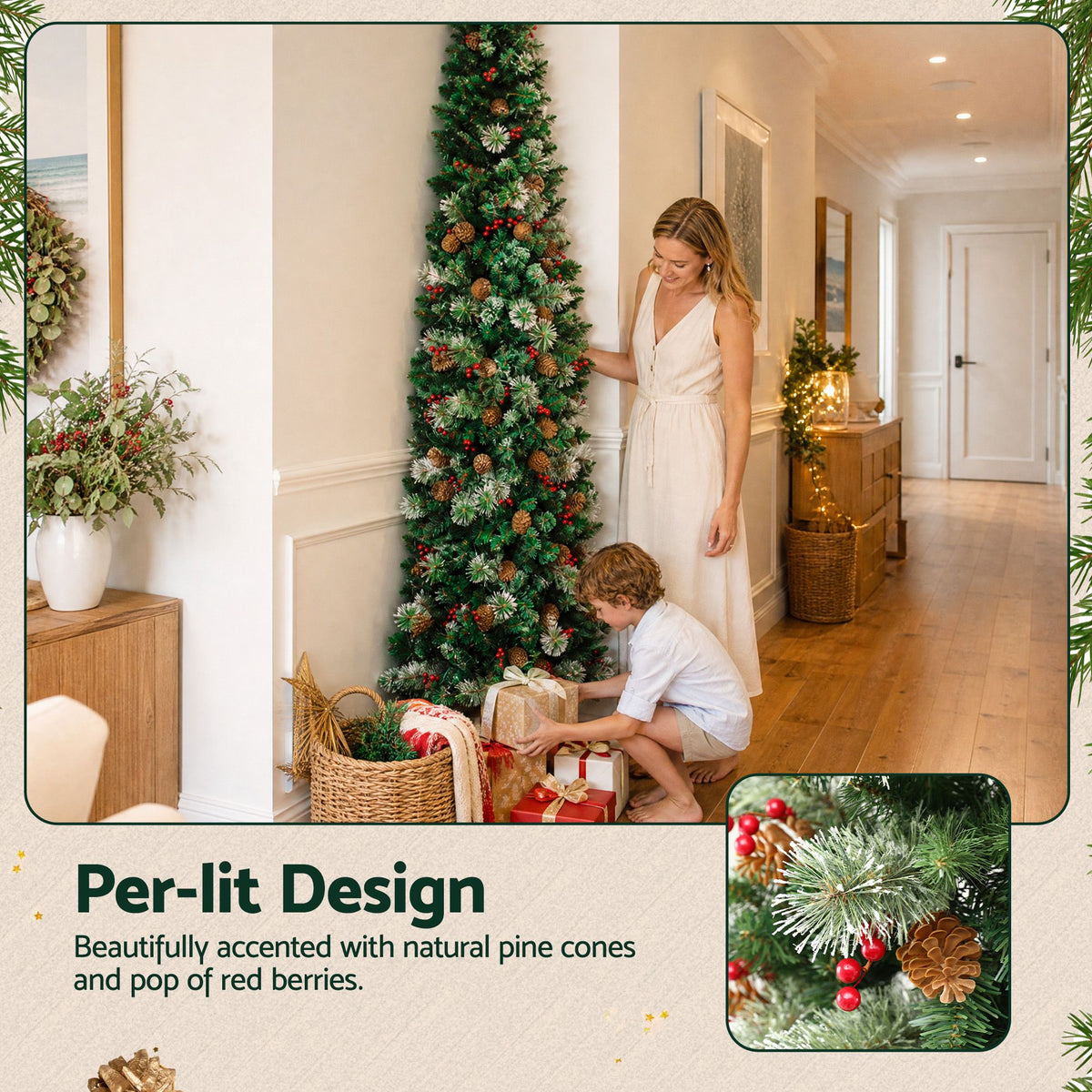 2.1m Artificial Slim Christmas Tree Pine Cone Berry Decor Corner