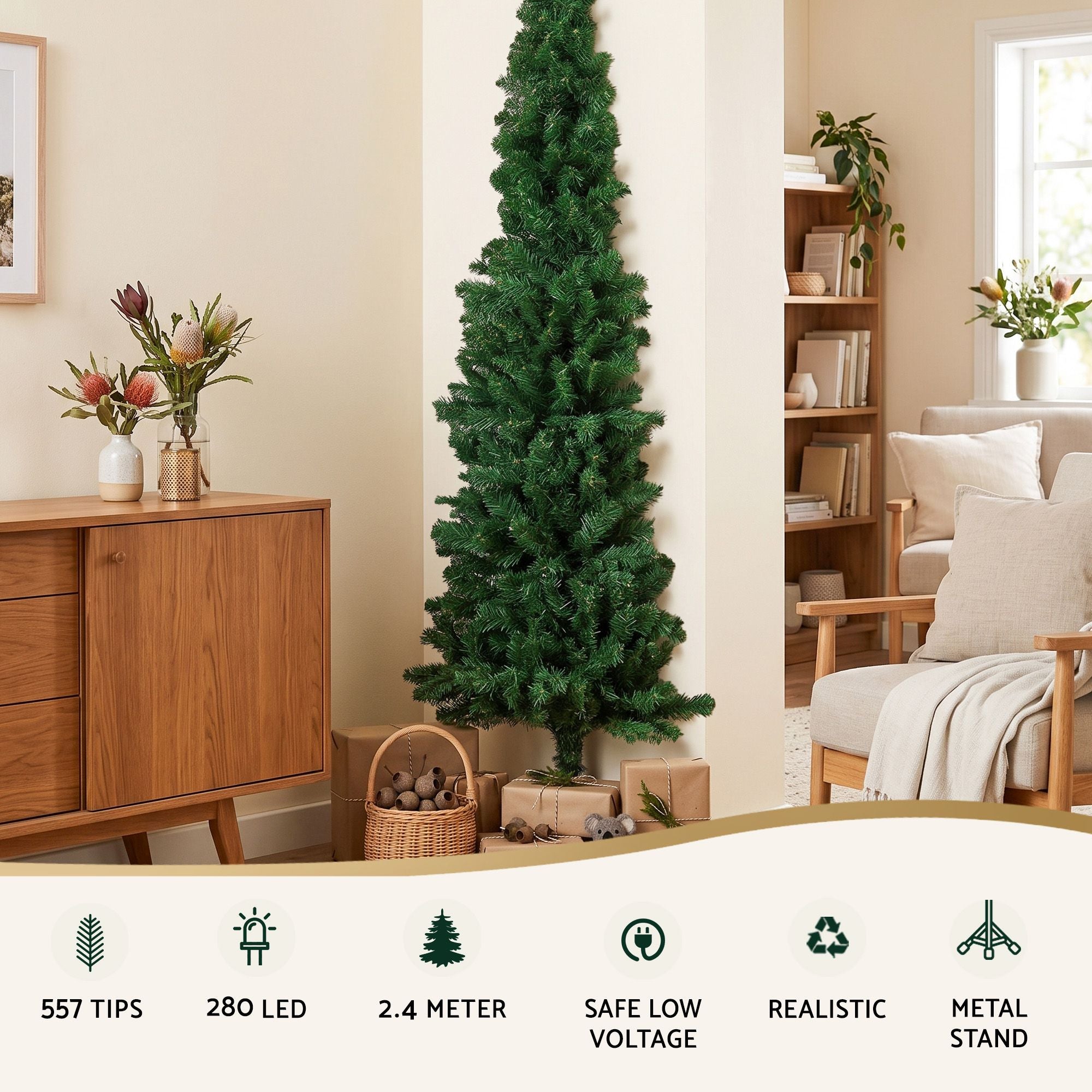 2.4m Pre-Lit Christmas Tree Slim Pencil Xmas Tree Corner Tree