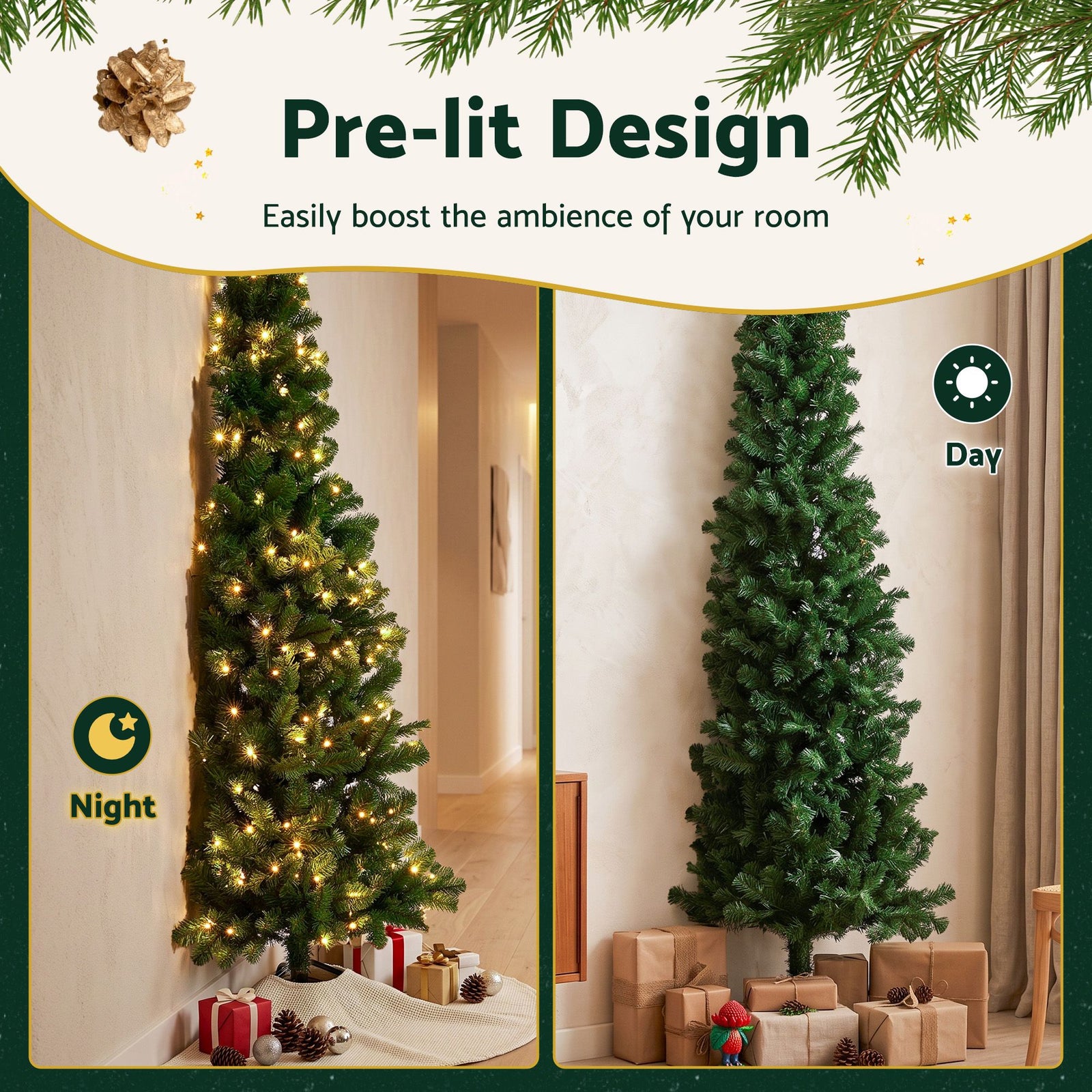 2.4m Pre-Lit Christmas Tree Slim Pencil Corner Tree 280 LED Green