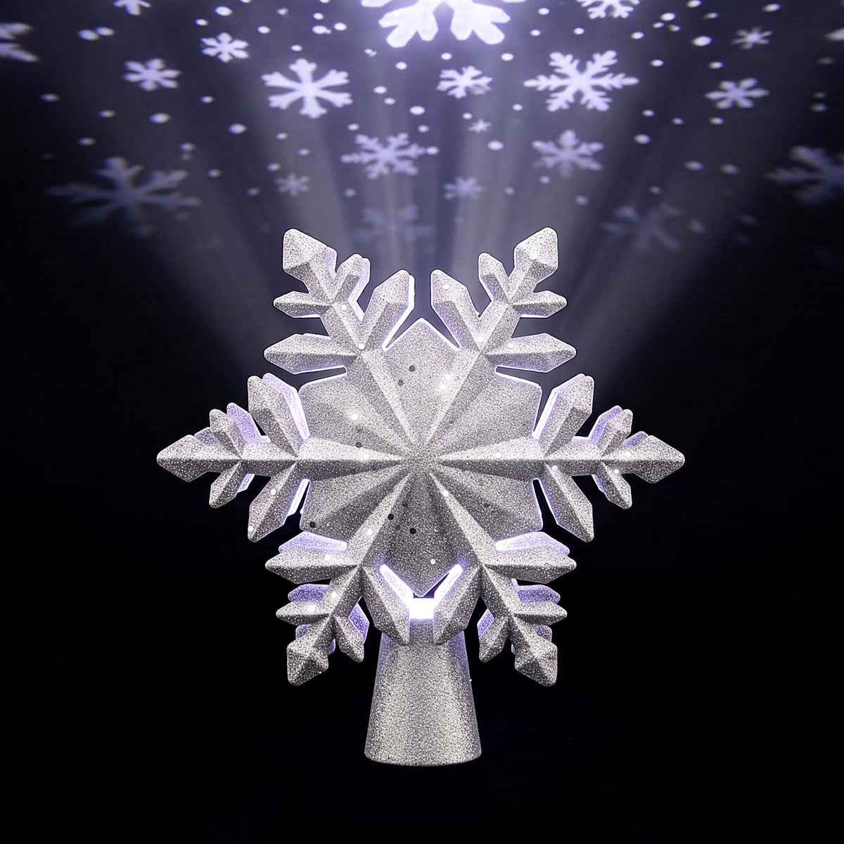 Christmas Tree Topper Lighted 360° Rotating Snowflake Projector Silver Glitter