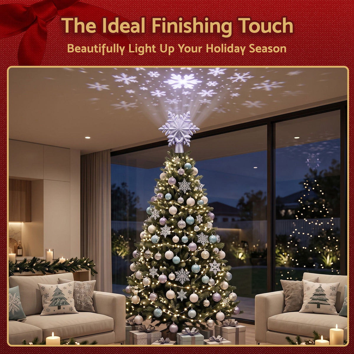 Christmas Tree Topper Lighted 360° Rotating Snowflake Projector Silver Glitter
