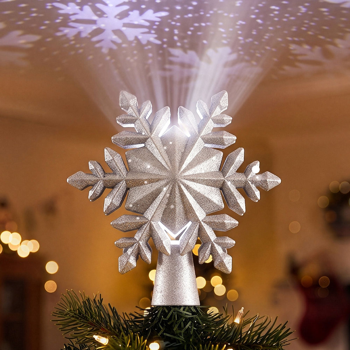 Christmas Tree Topper Lighted 360° Rotating Snowflake Projector Silver Glitter
