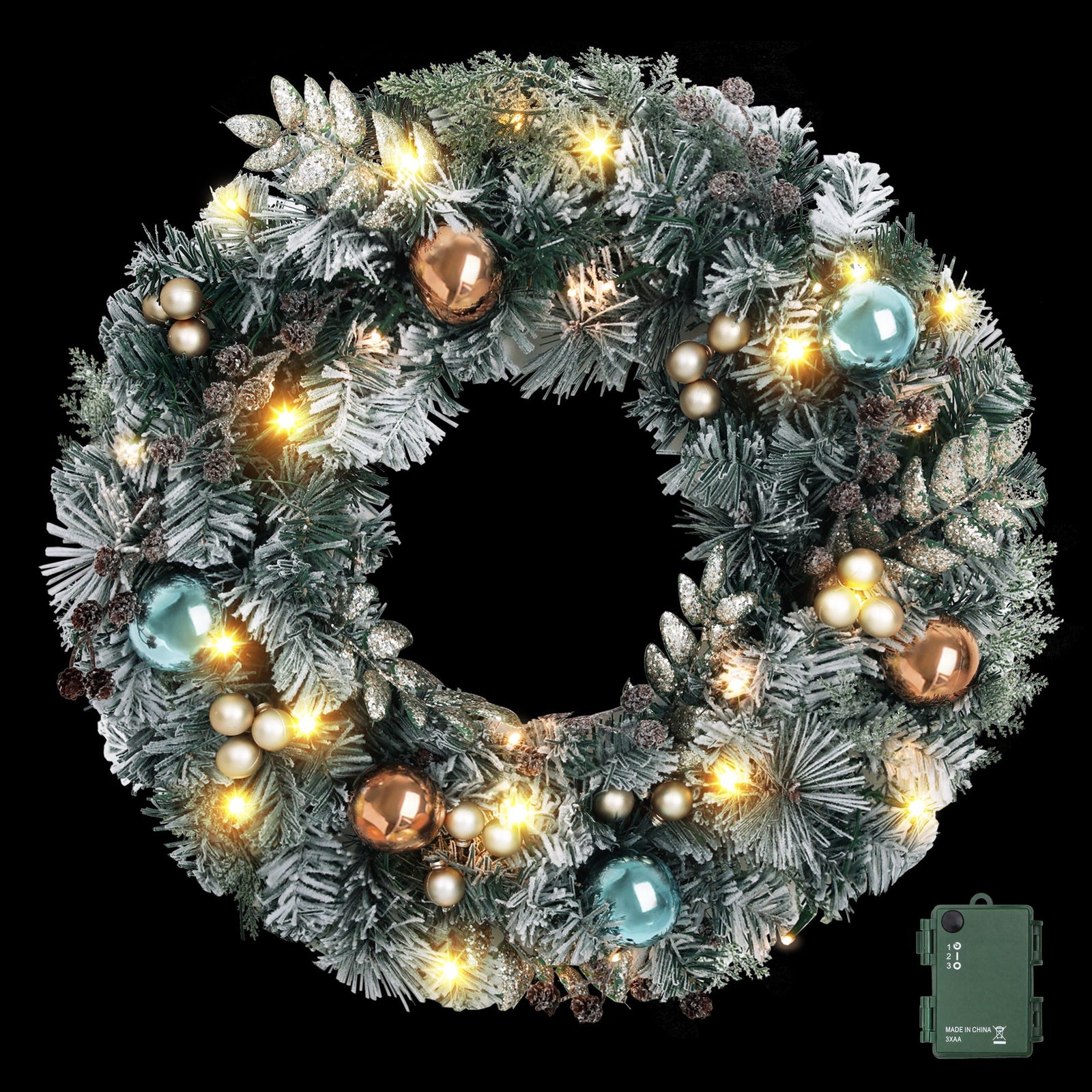 60cm Snowy Christmas Wreath with LED Lights Pinecones Baubles Xmas Door Decor
