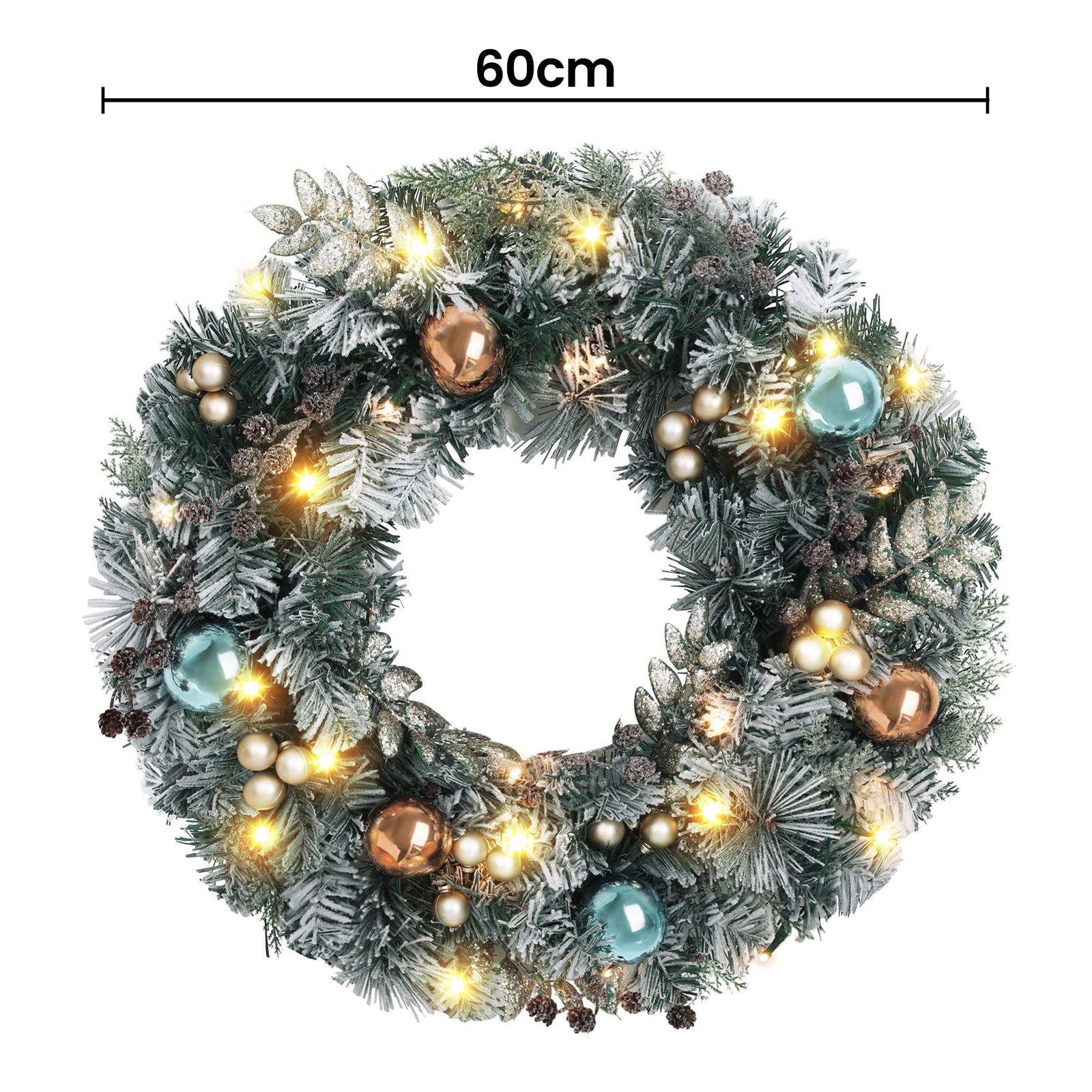 60cm Snowy Christmas Wreath with LED Lights Pinecones Baubles Xmas Door Decor