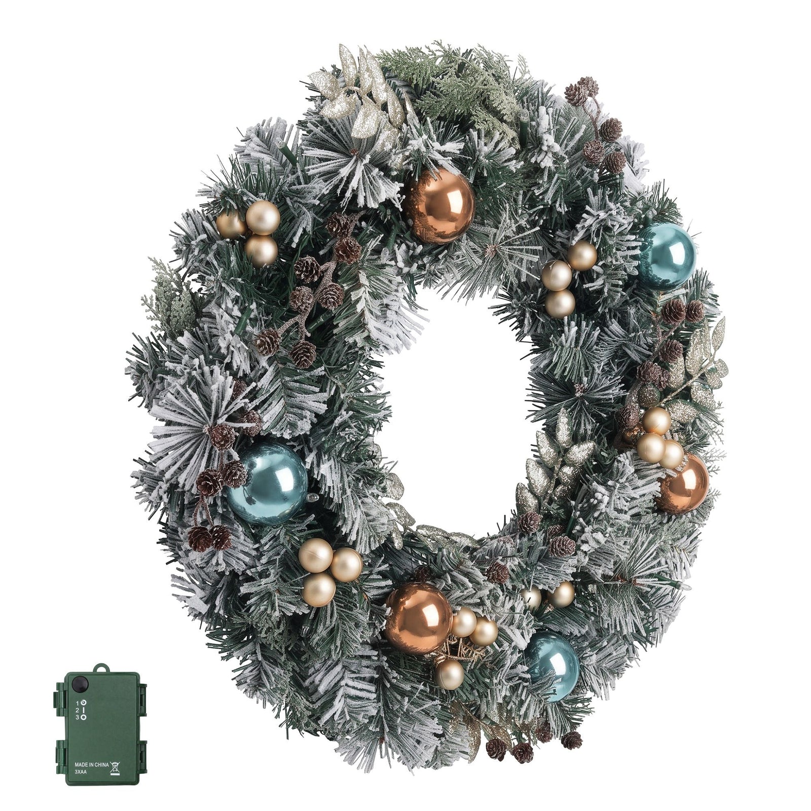 60cm Snowy Christmas Wreath with LED Lights Pinecones Baubles Xmas Door Decor
