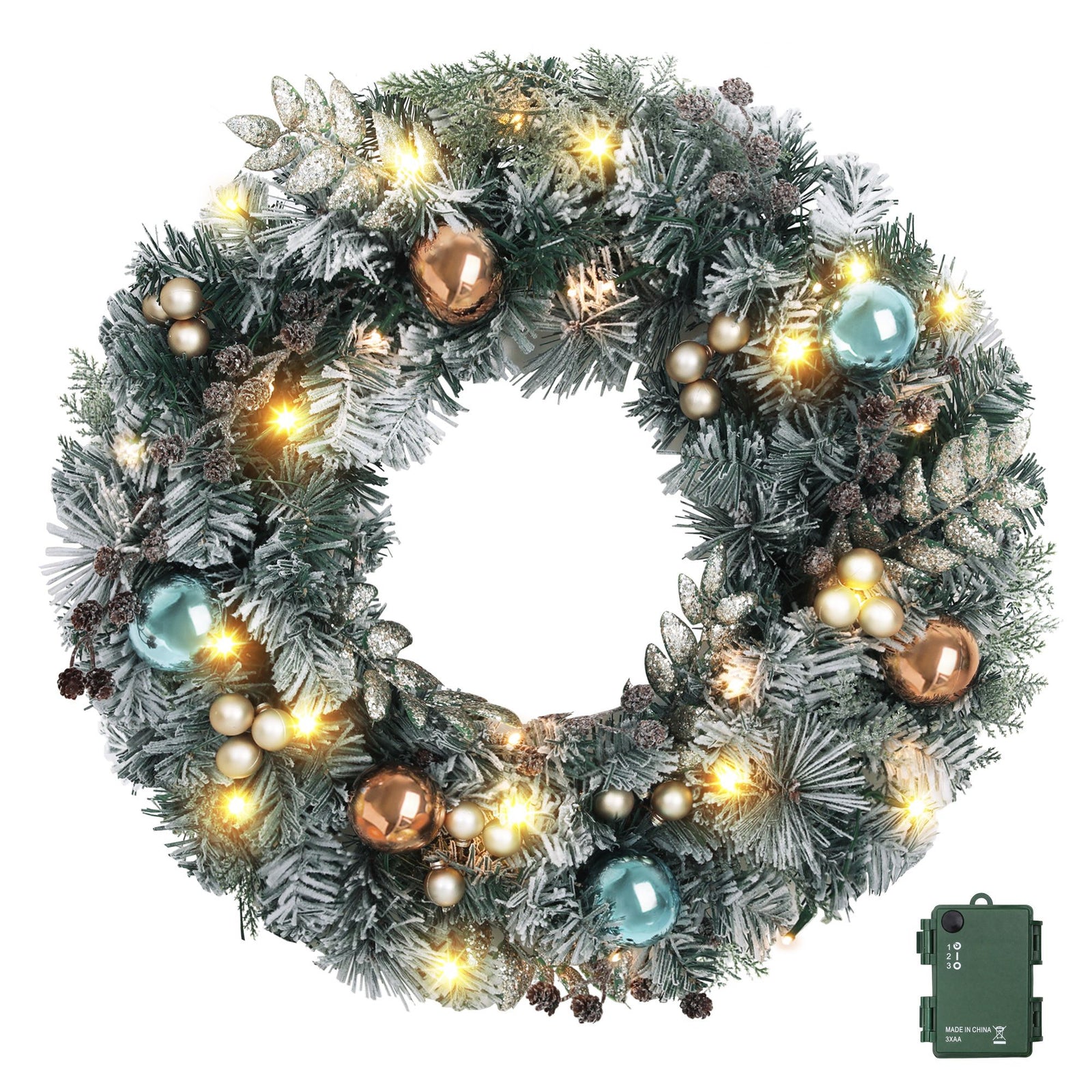 60cm Snowy Christmas Wreath with LED Lights Pinecones Baubles Xmas Door Decor