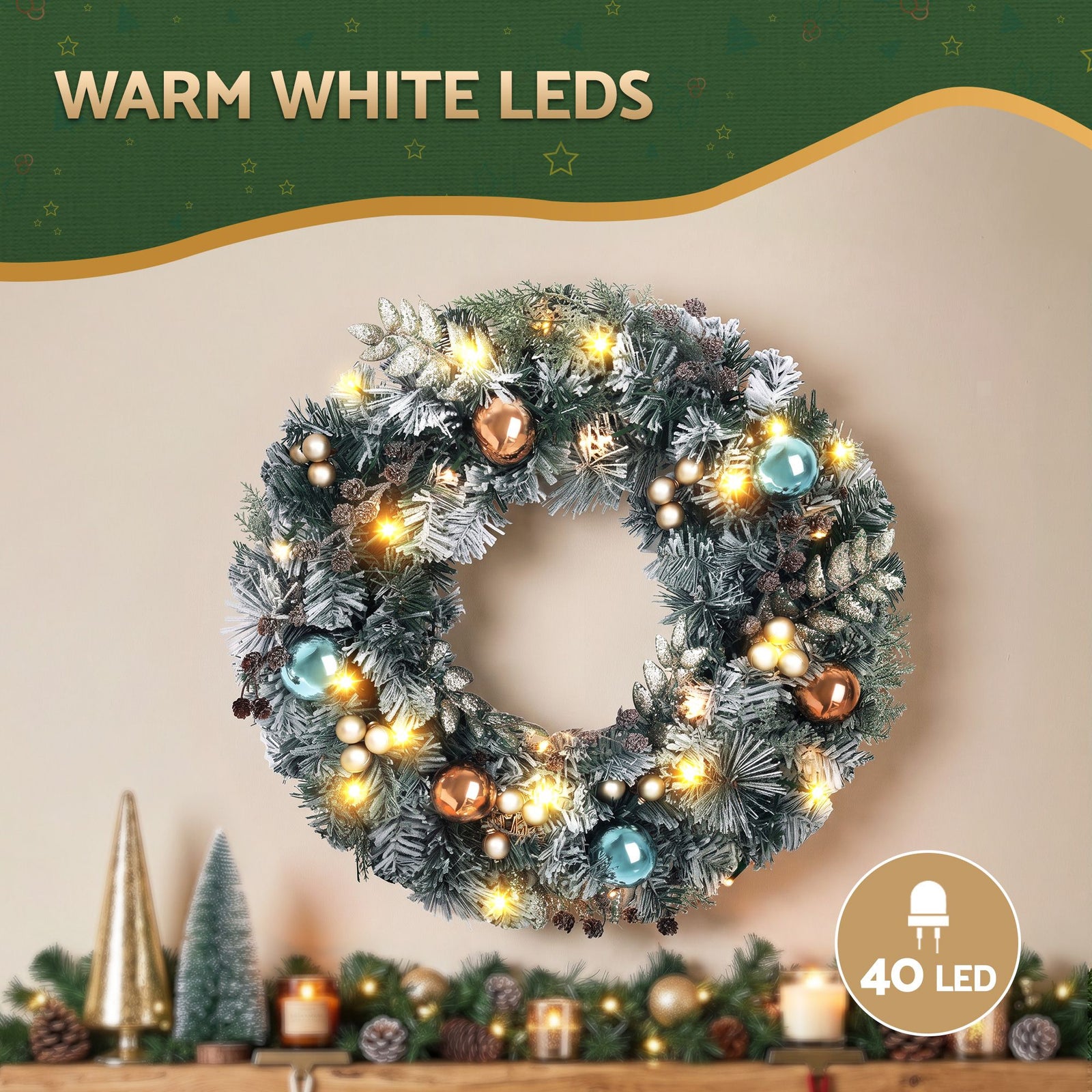 60cm Snowy Christmas Wreath with LED Lights Pinecones Baubles Xmas Door Decor