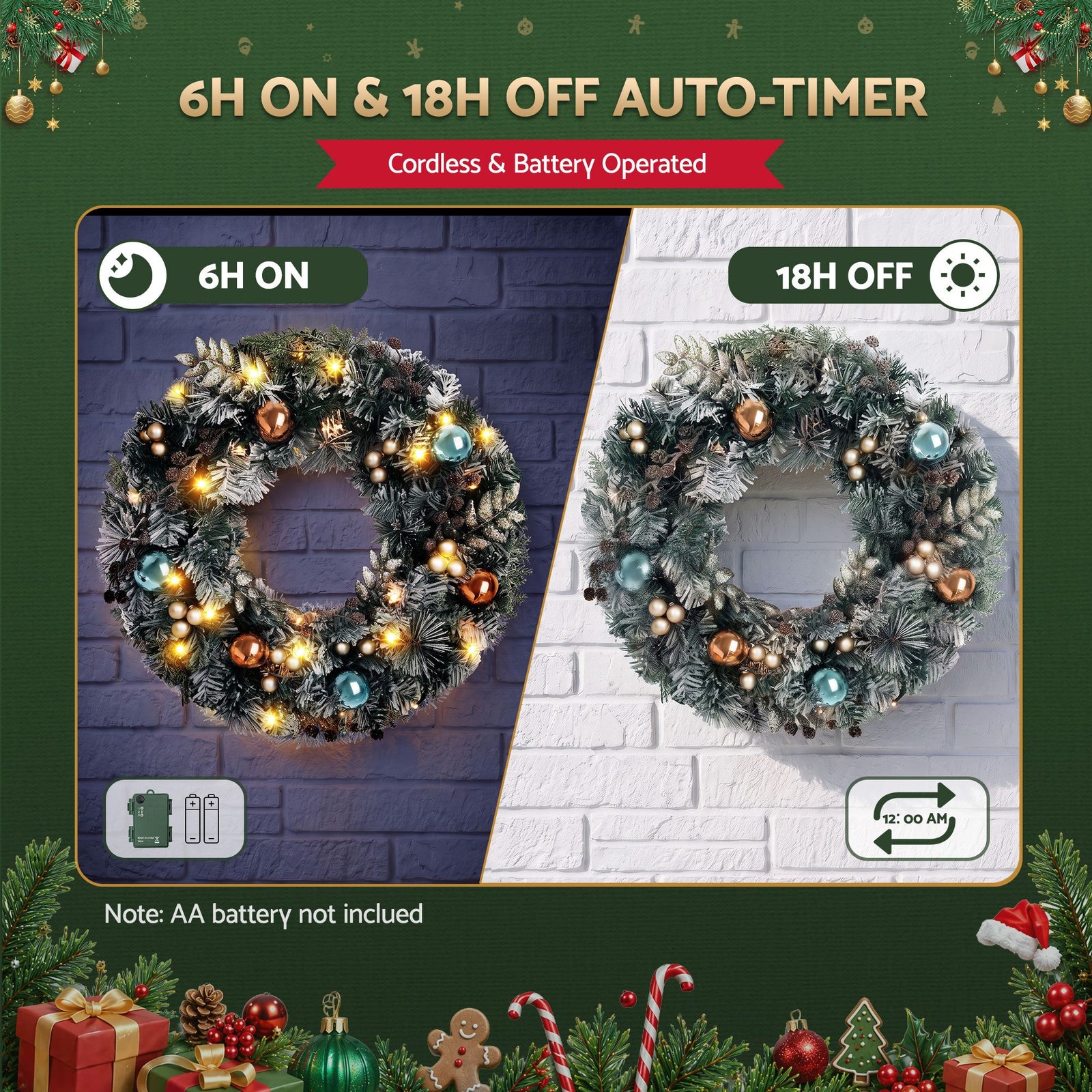60cm Snowy Christmas Wreath with LED Lights Pinecones Baubles Xmas Door Decor