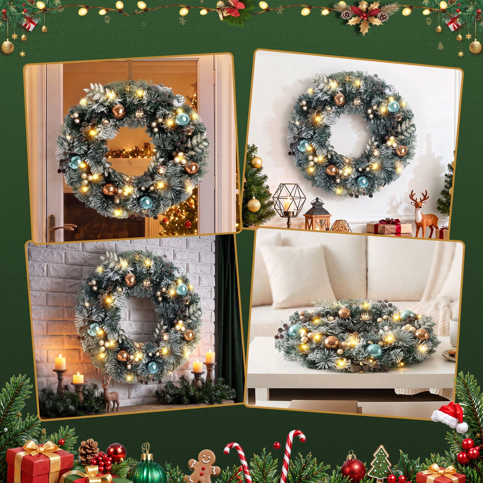 60cm Snowy Christmas Wreath with LED Lights Pinecones Baubles Xmas Door Decor