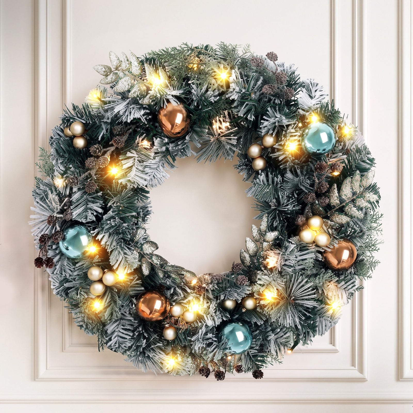 60cm Snowy Christmas Wreath with LED Lights Pinecones Baubles Xmas Door Decor