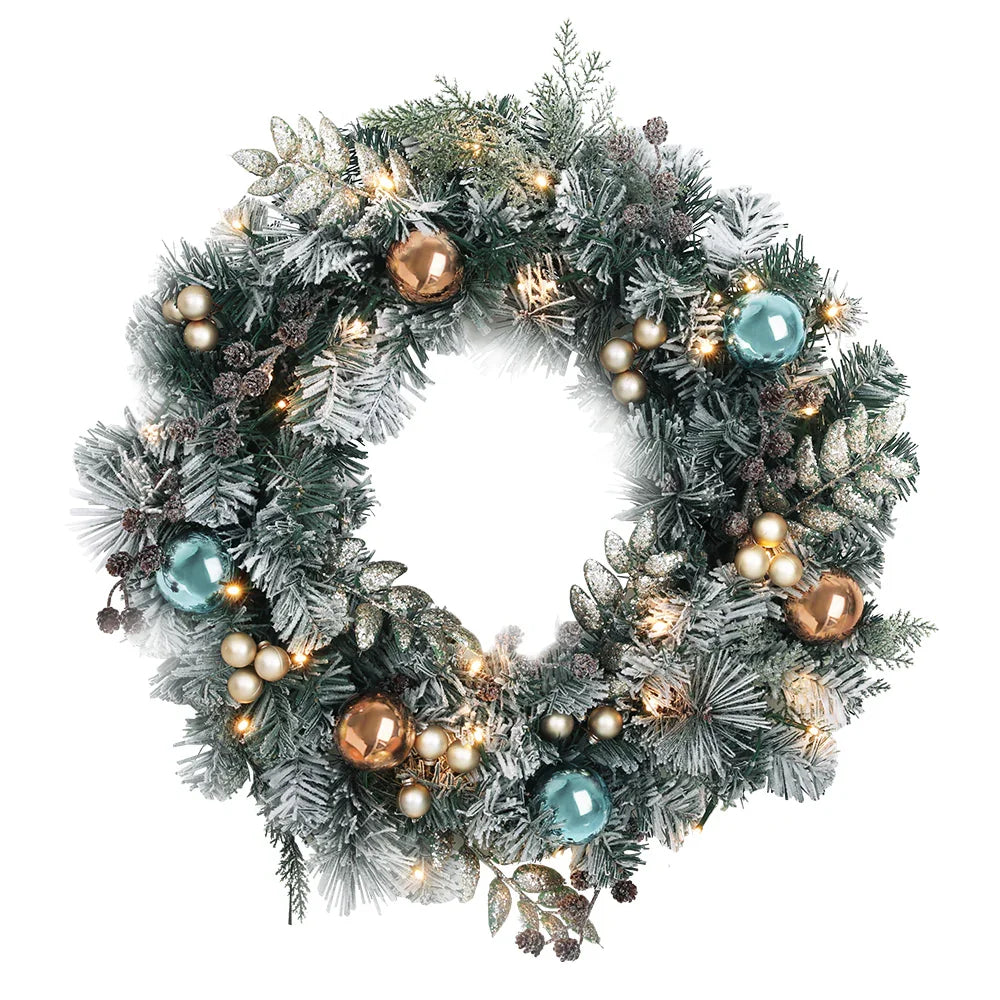 60cm Snowy Christmas Wreath with LED Lights Pinecones Baubles Xmas Door Decor