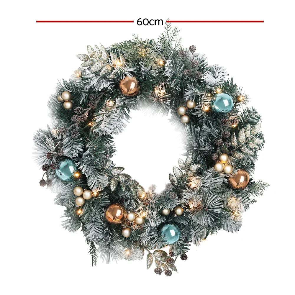60cm Snowy Christmas Wreath with LED Lights Pinecones Baubles Xmas Door Decor