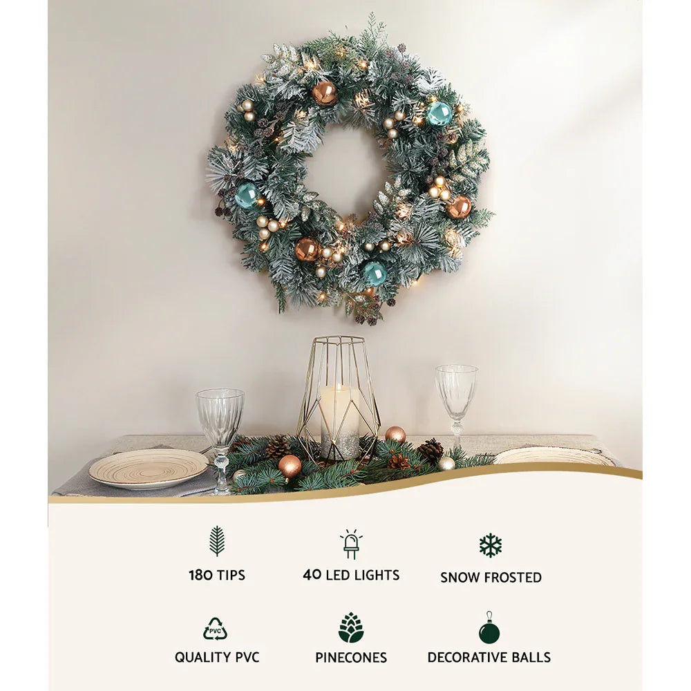 60cm Snowy Christmas Wreath with LED Lights Pinecones Baubles Xmas Door Decor