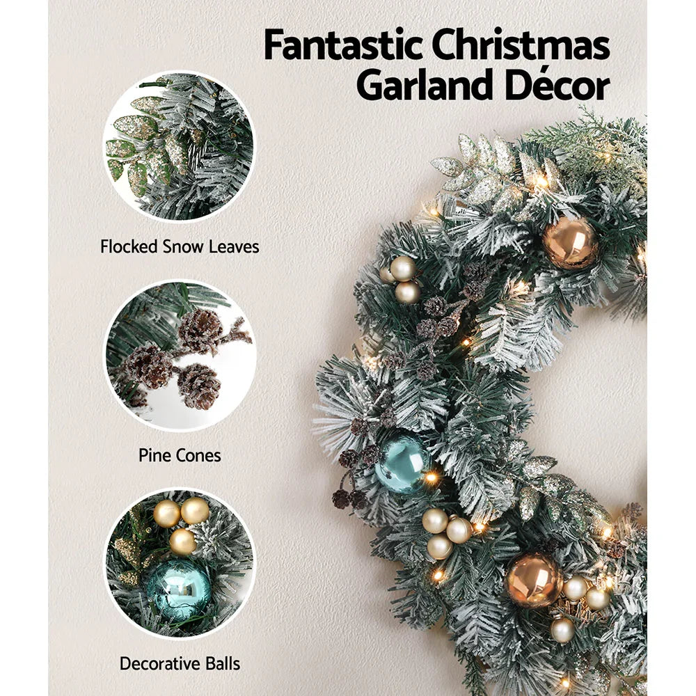 60cm Snowy Christmas Wreath with LED Lights Pinecones Baubles Xmas Door Decor