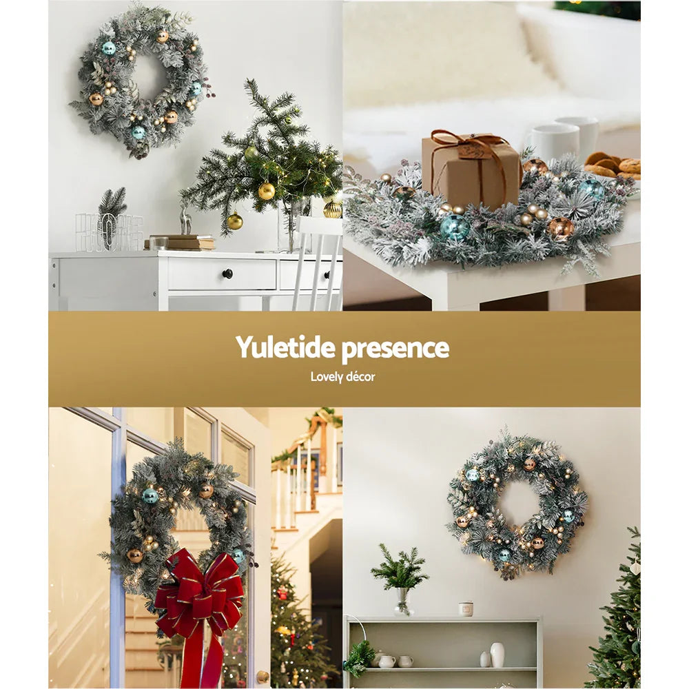 60cm Snowy Christmas Wreath with LED Lights Pinecones Baubles Xmas Door Decor