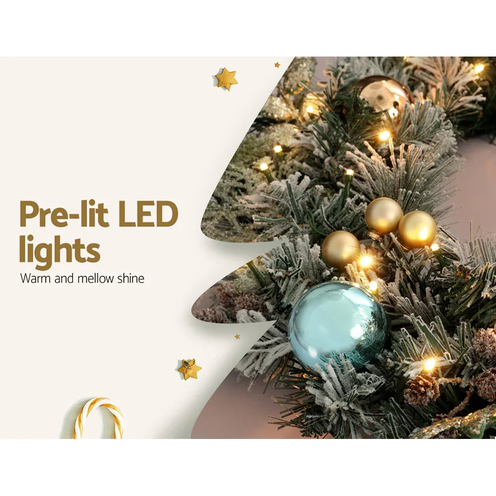60cm Snowy Christmas Wreath with LED Lights Pinecones Baubles Xmas Door Decor