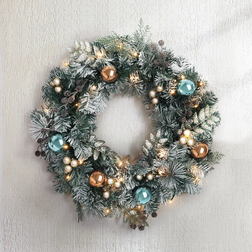 60cm Snowy Christmas Wreath with LED Lights Pinecones Baubles Xmas Door Decor
