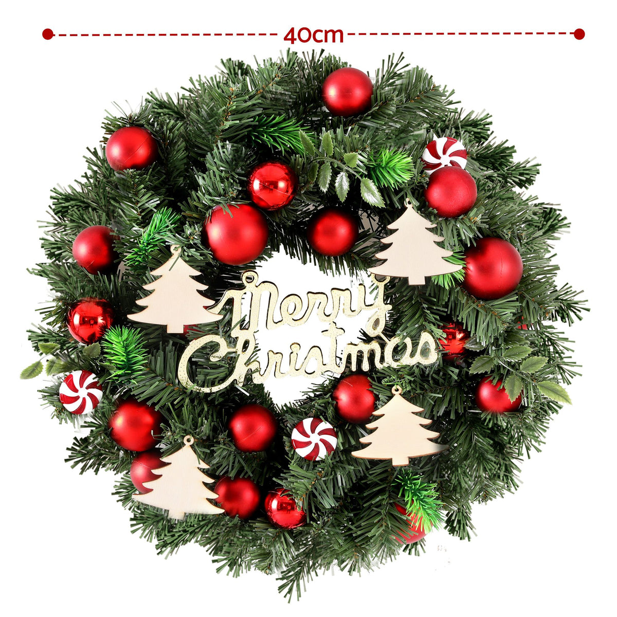 Jingle Jollys 40cm Christmas Wreath Pre-Decorated Red Baubles Candy Door Decor