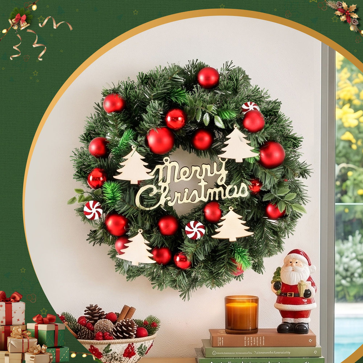 Jingle Jollys 40cm Christmas Wreath Pre-Decorated Red Baubles Candy Door Decor