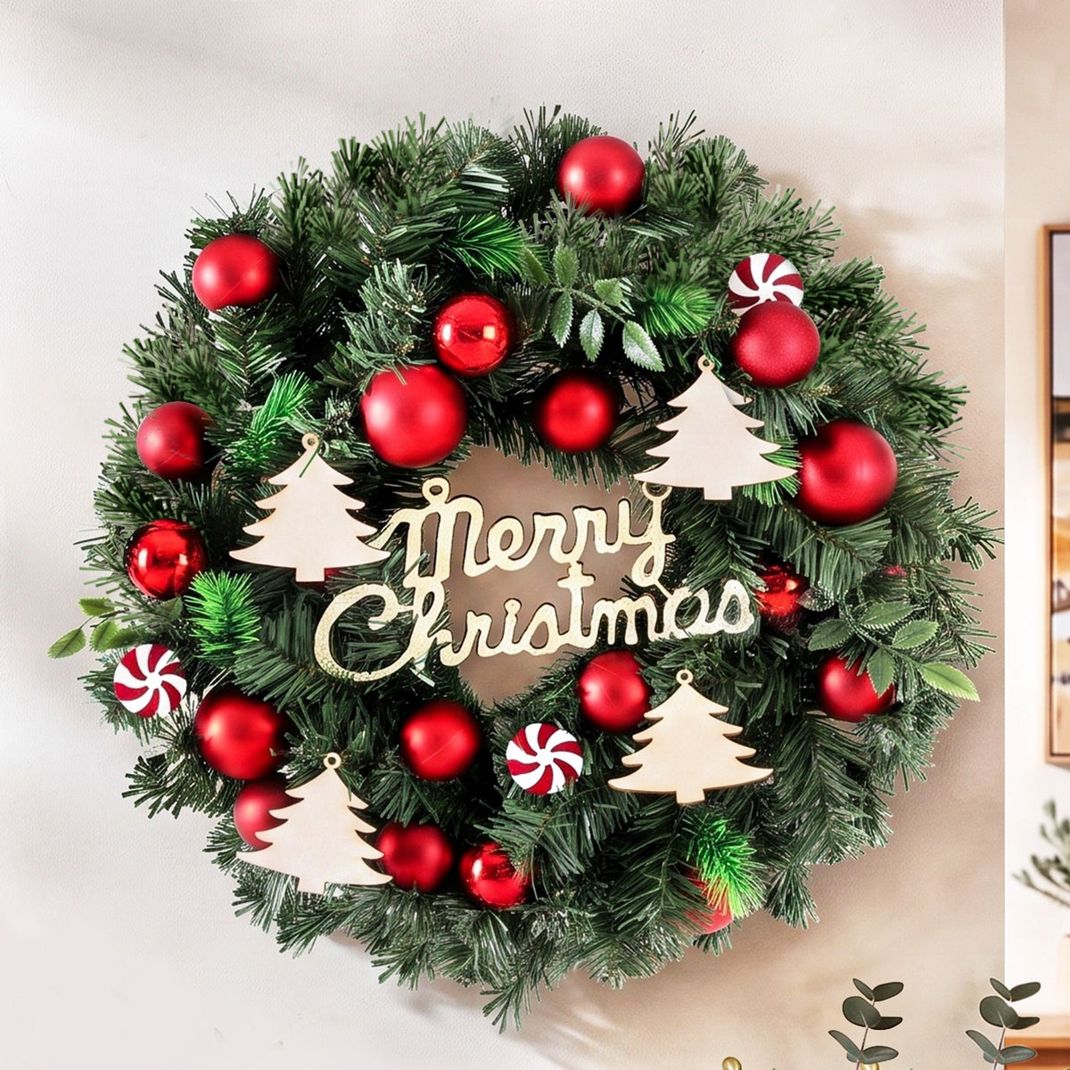 Jingle Jollys 40cm Christmas Wreath Pre-Decorated Red Baubles Candy Door Decor
