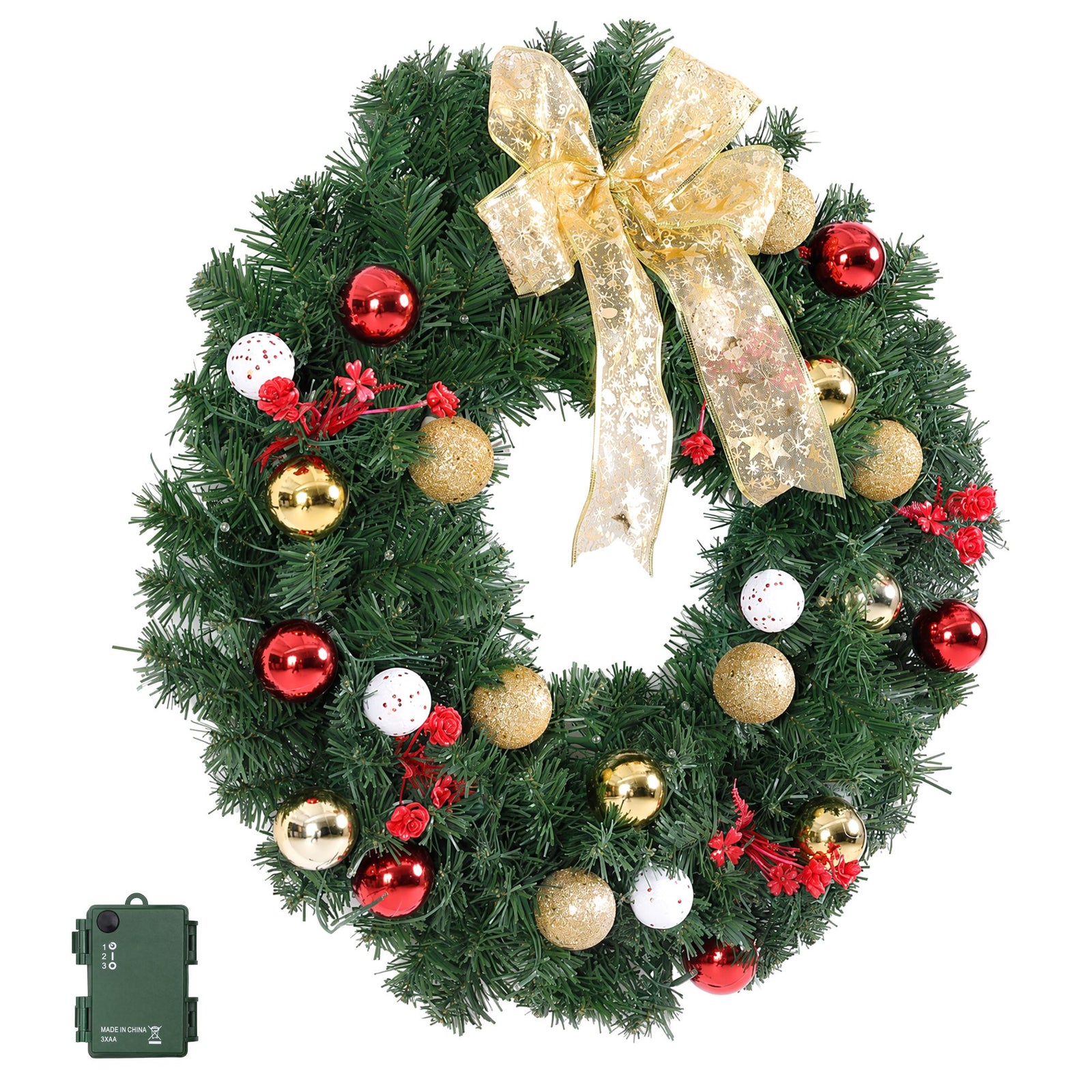 Christmas Wreath 60CM LED Garland Berries Bow Baubles Xmas Decor