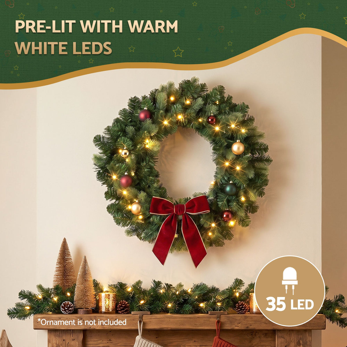 60cm Pre-Lit Christmas Wreath Garlands Warm White LED Door Wreath Decor