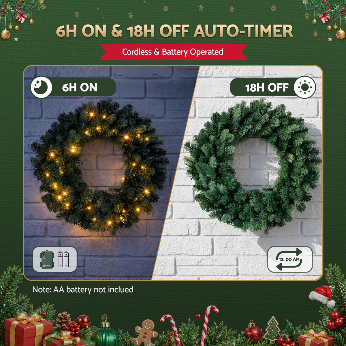60cm Pre-Lit Christmas Wreath Garlands Warm White LED Door Wreath Decor