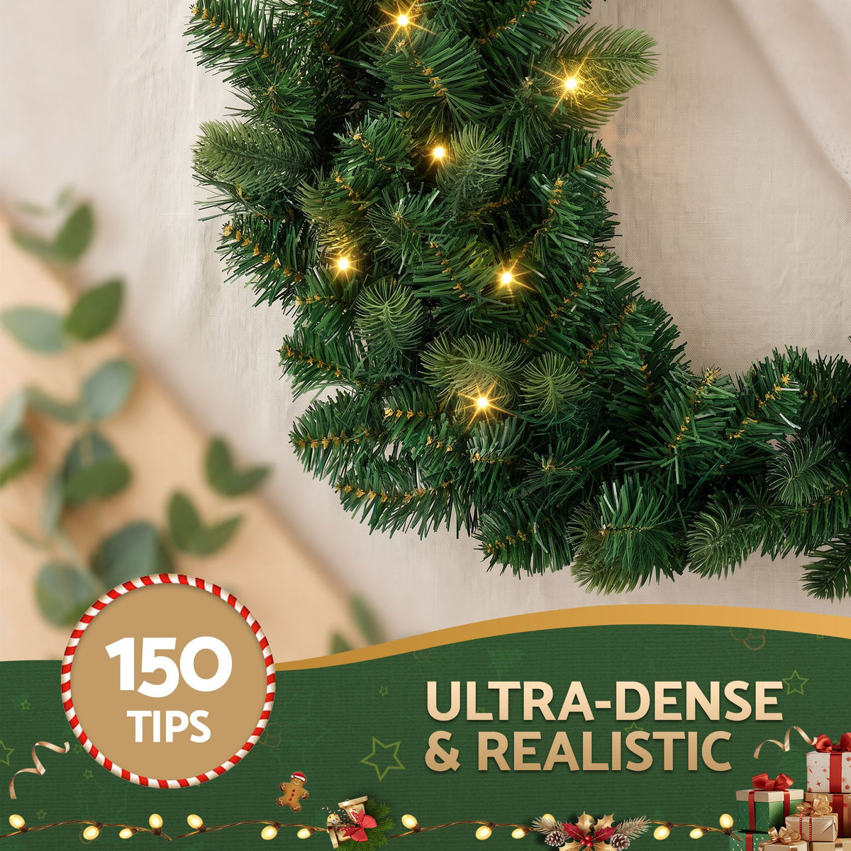 60cm Pre-Lit Christmas Wreath Garlands Warm White LED Door Wreath Decor