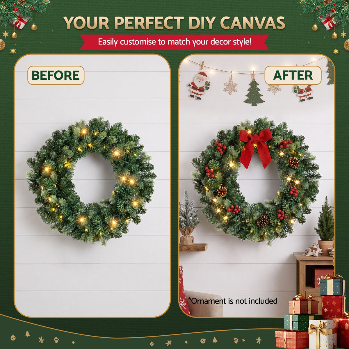 60cm Pre-Lit Christmas Wreath Garlands Warm White LED Door Wreath Decor
