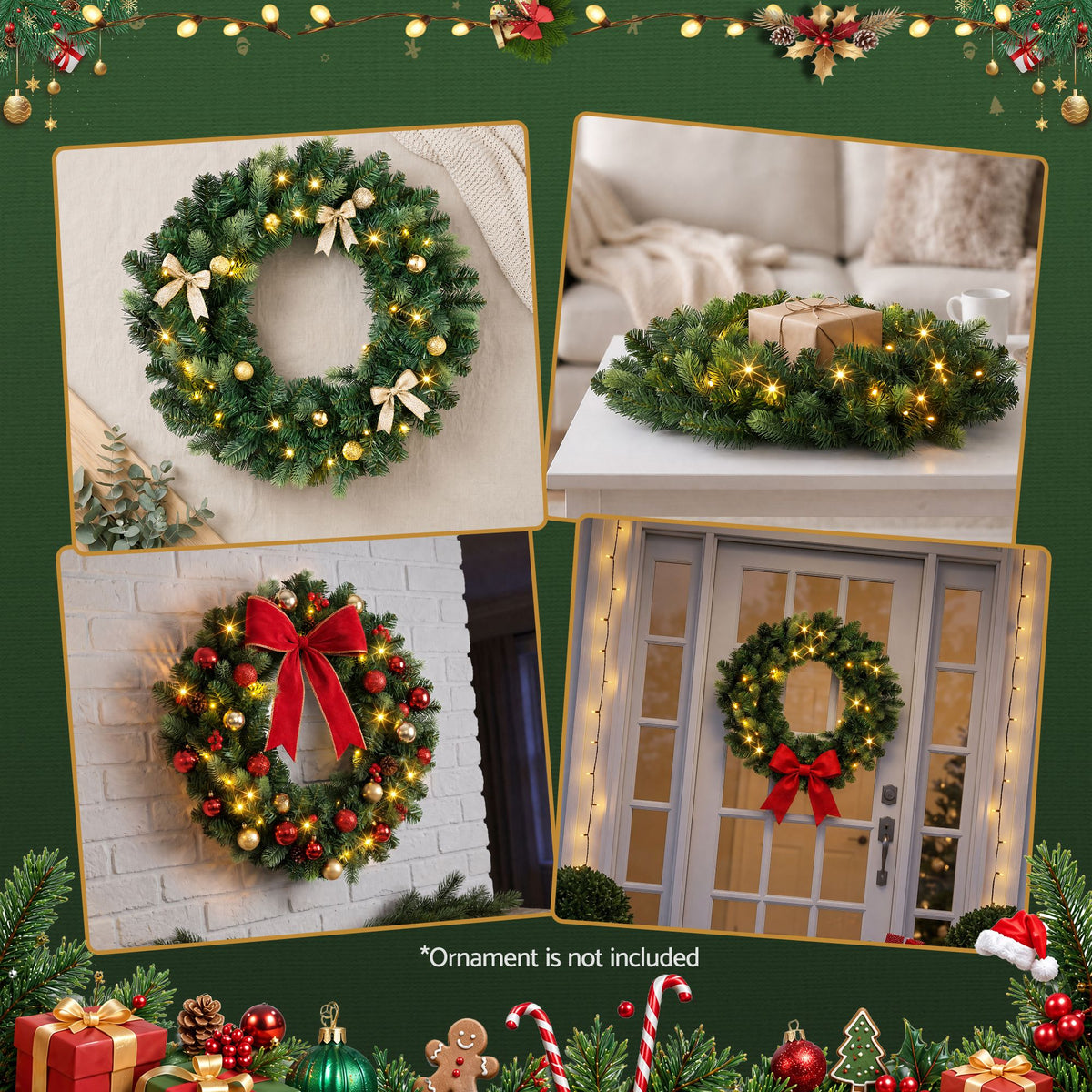 60cm Pre-Lit Christmas Wreath Garlands Warm White LED Door Wreath Decor