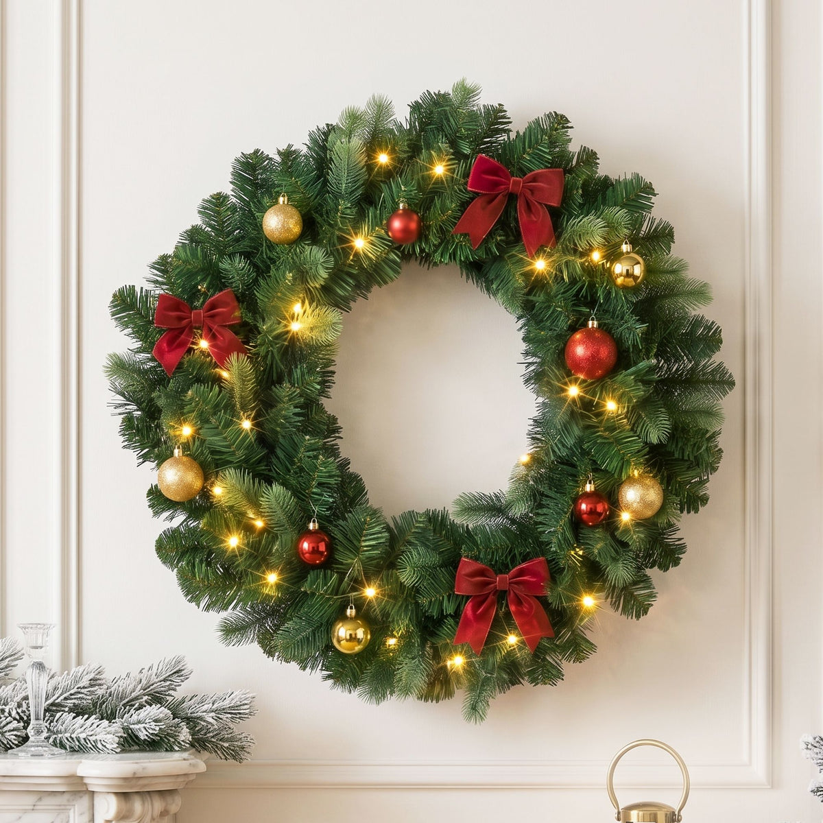 60cm Pre-Lit Christmas Wreath Garlands Warm White LED Door Wreath Decor