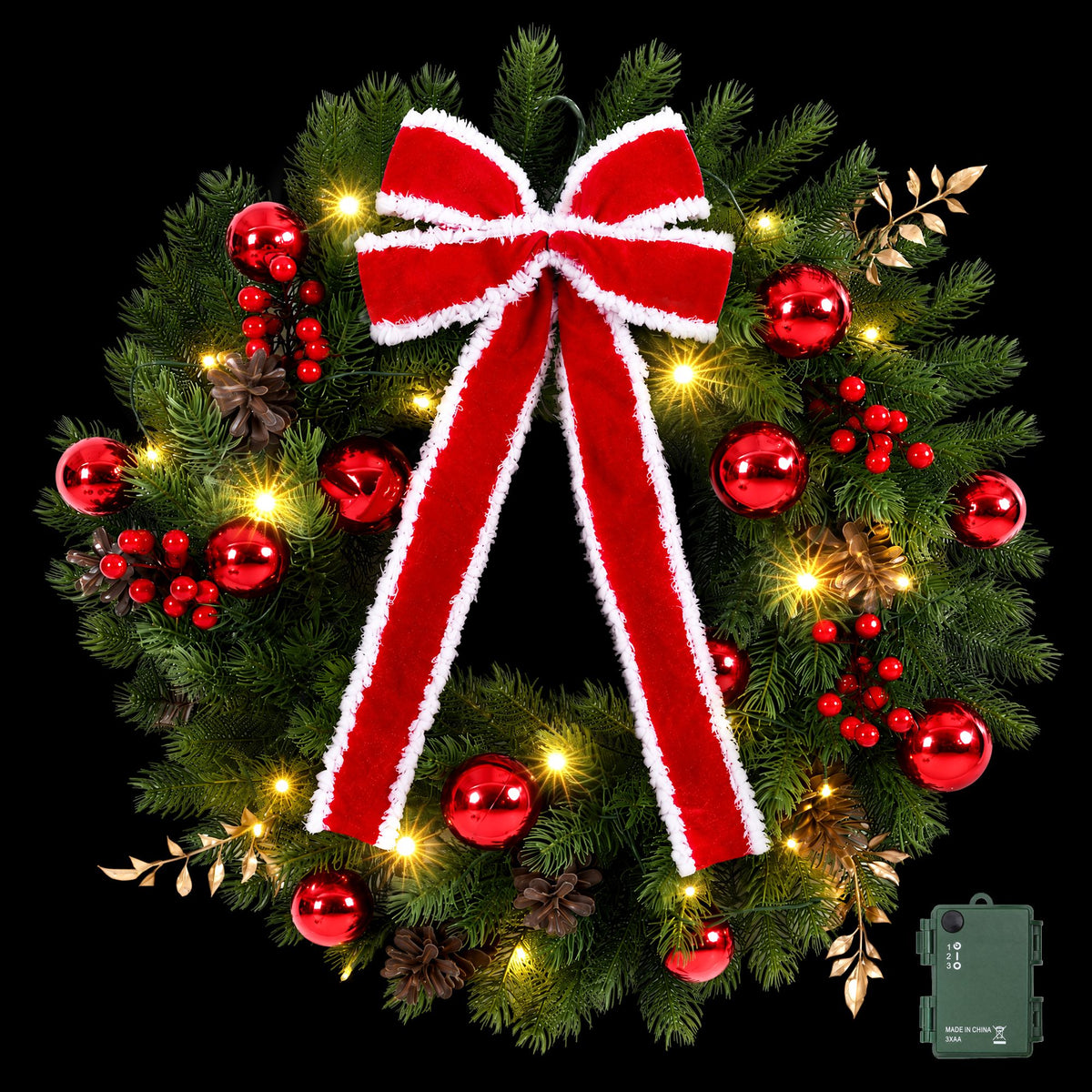 60cm Pre-lit Christmas Wreath Garlands LED Light Front Door Decor Bow Set
