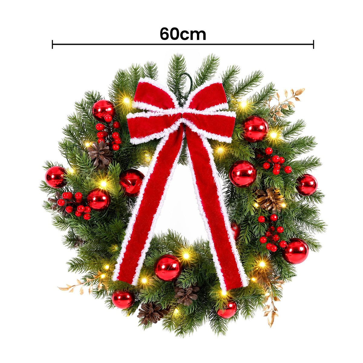 60cm Pre-lit Christmas Wreath Garlands LED Light Front Door Decor Bow Set