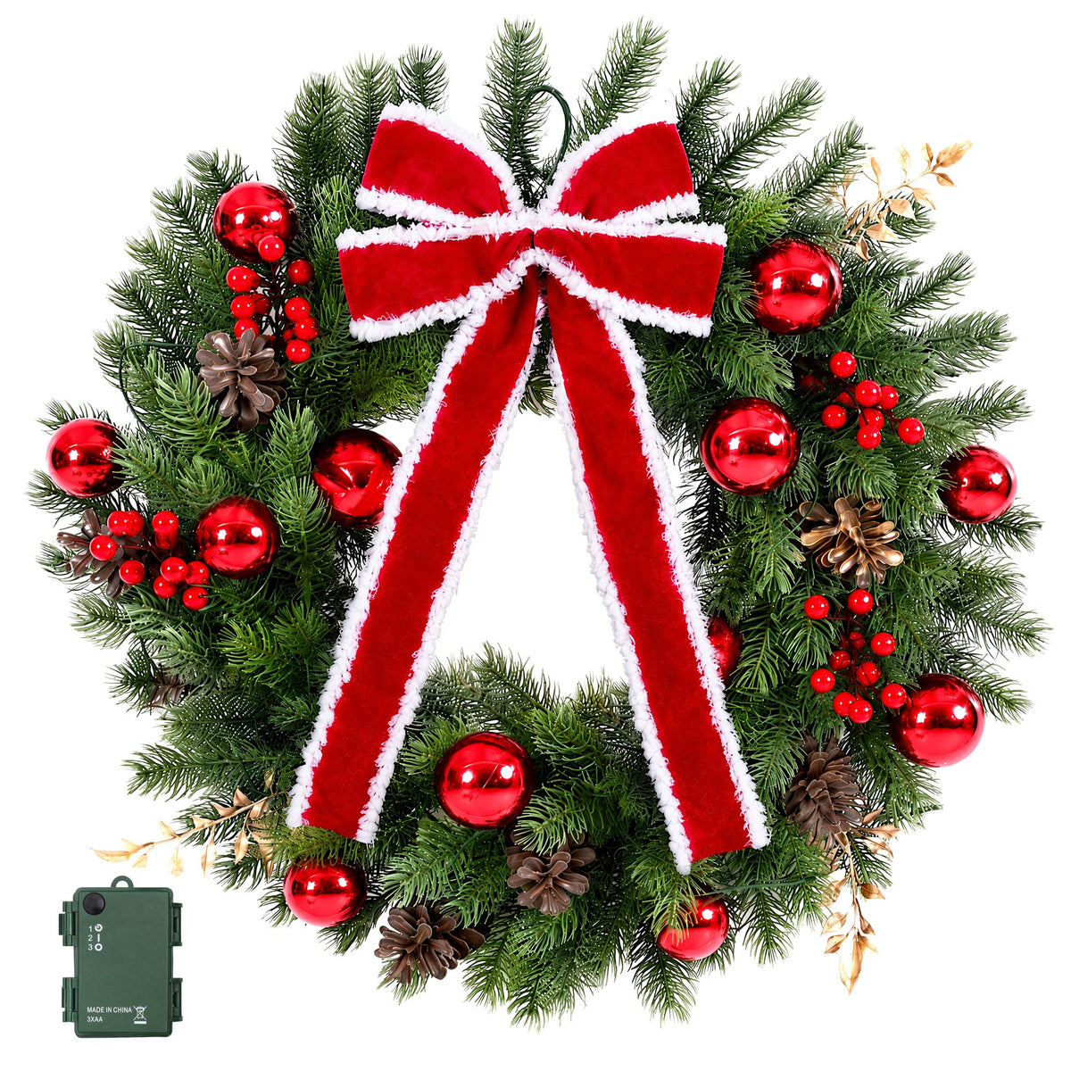 60cm Pre-lit Christmas Wreath Garlands LED Light Front Door Decor Bow Set