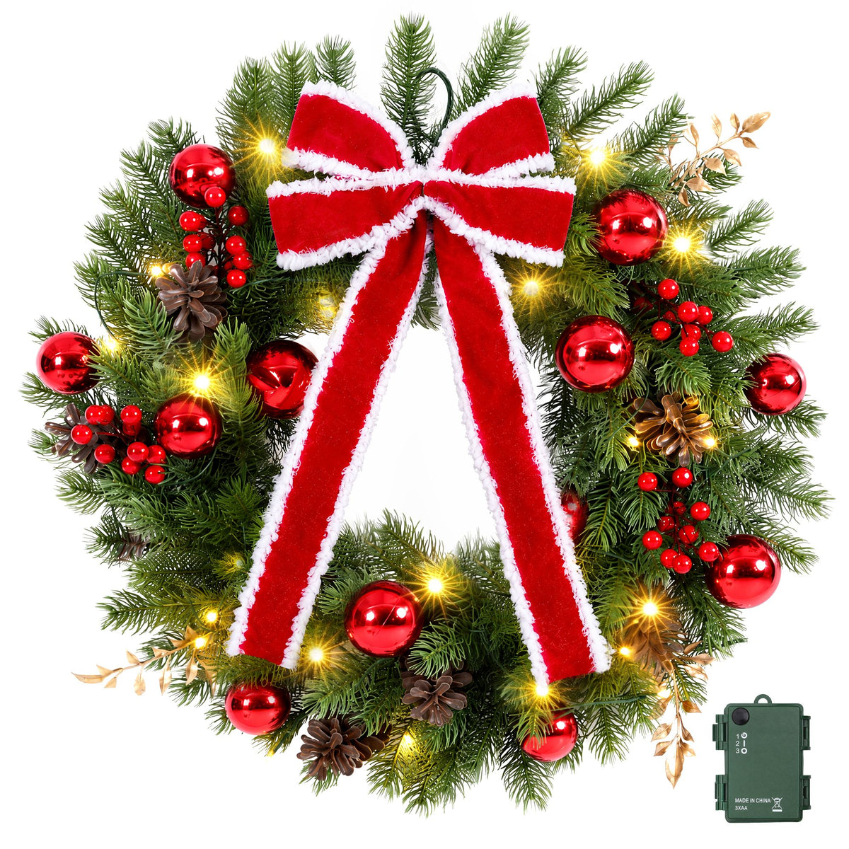 60cm Pre-lit Christmas Wreath Garlands LED Light Front Door Decor Bow Set
