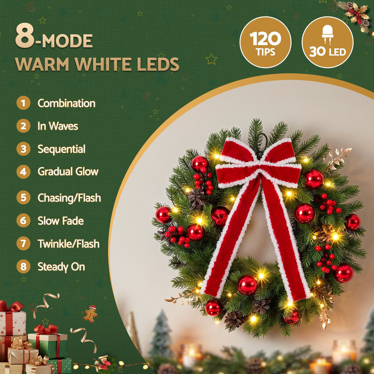 60cm Pre-lit Christmas Wreath Garlands LED Light Front Door Decor Bow Set