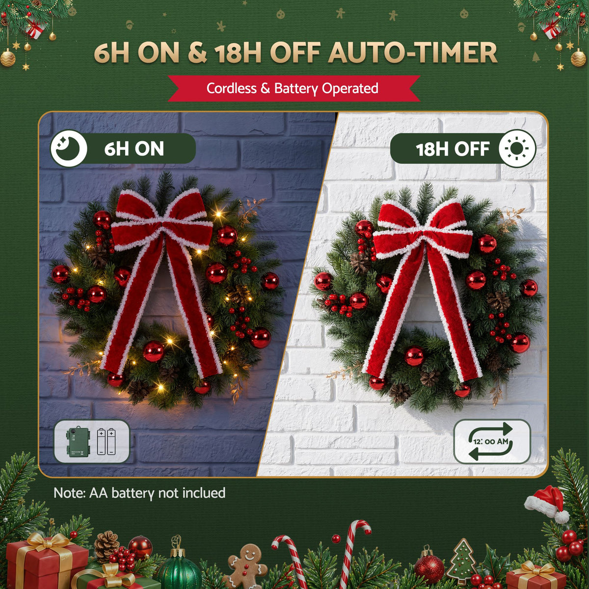 60cm Pre-lit Christmas Wreath Garlands LED Light Front Door Decor Bow Set