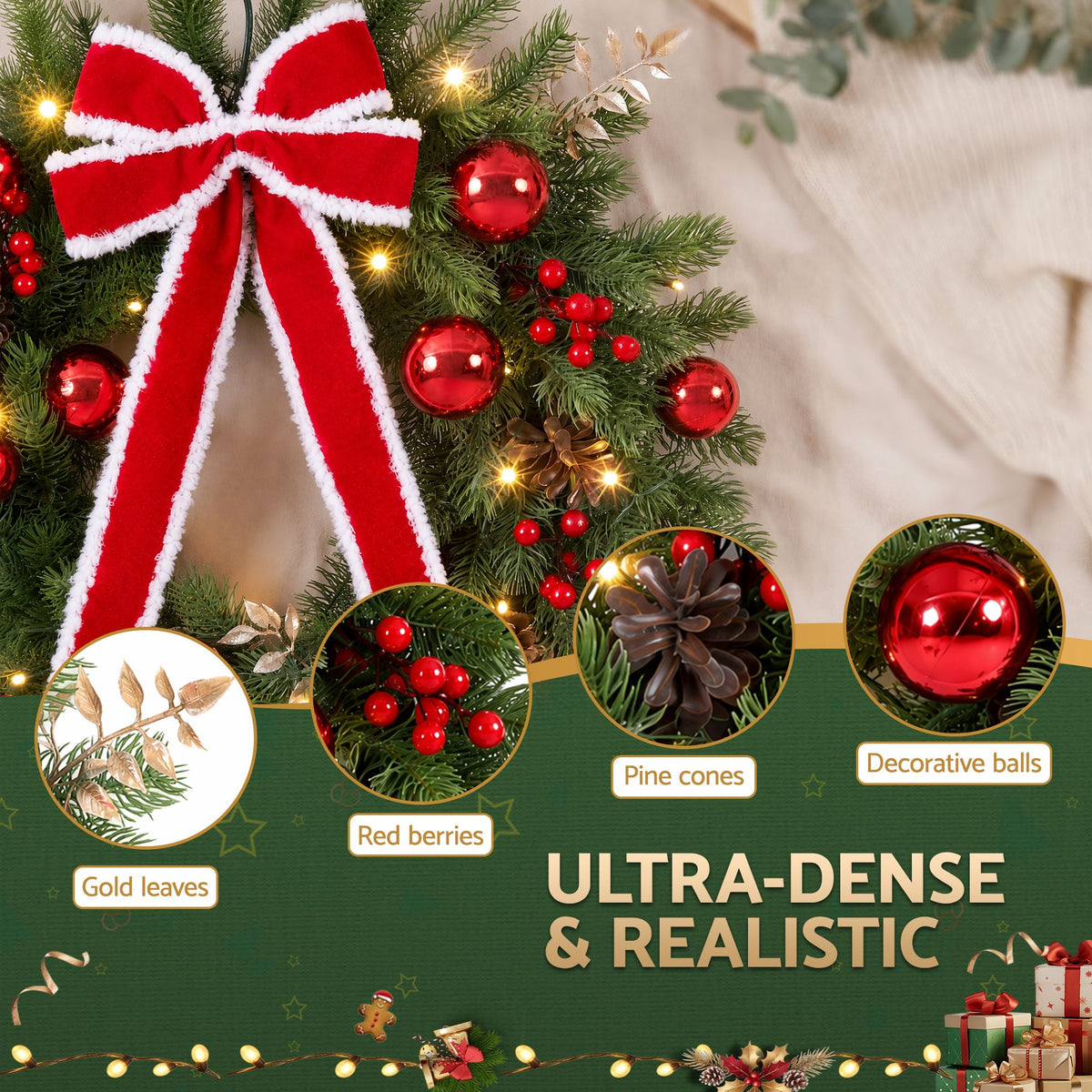 60cm Pre-lit Christmas Wreath Garlands LED Light Front Door Decor Bow Set