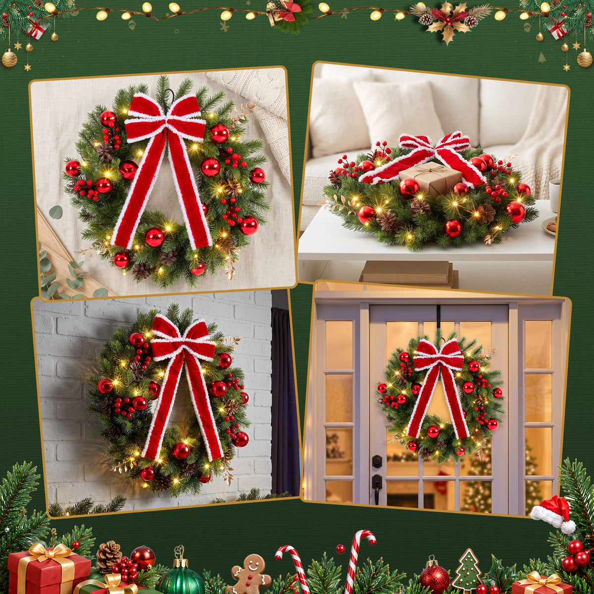 60cm Pre-lit Christmas Wreath Garlands LED Light Front Door Decor Bow Set